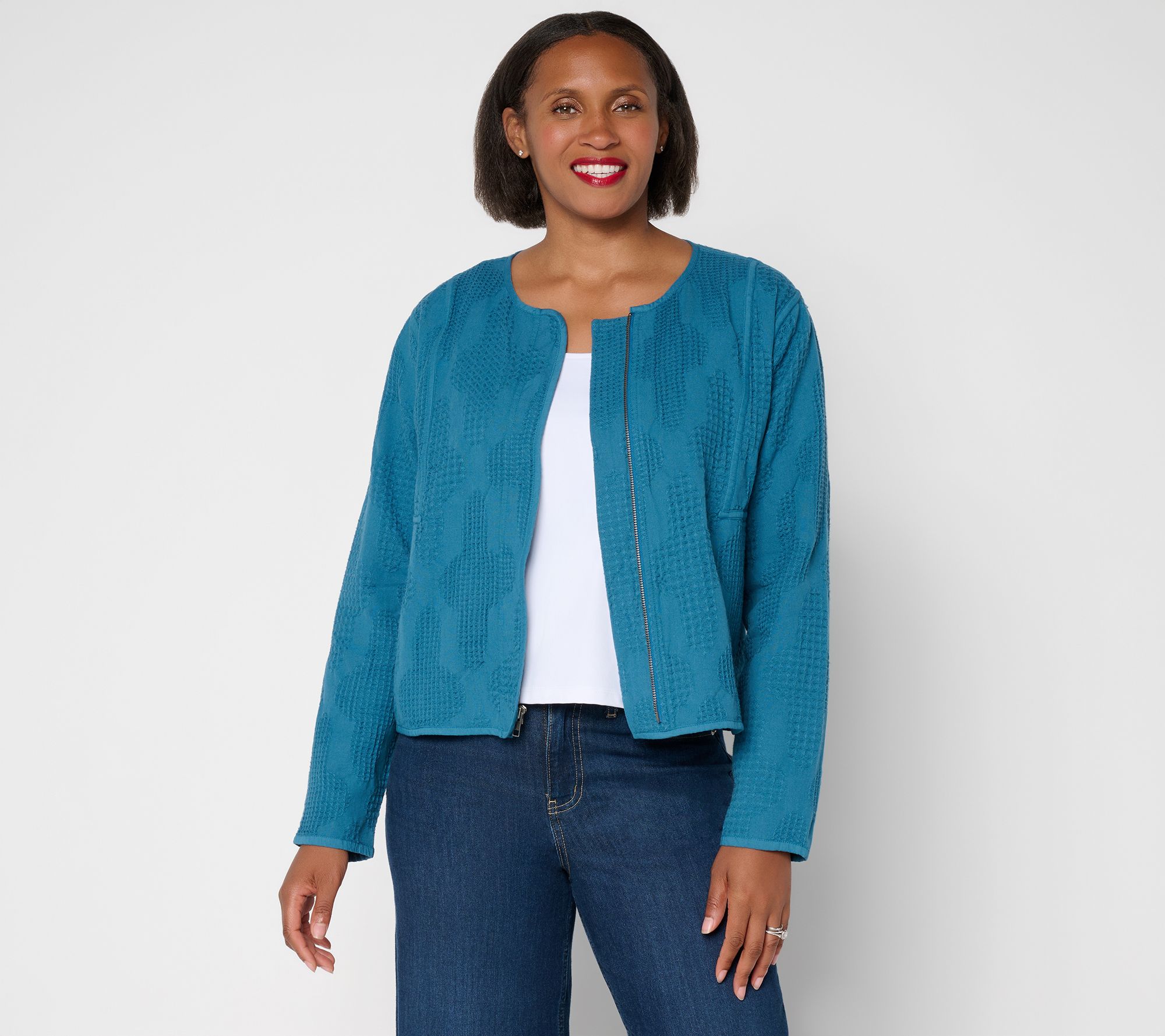 LOGO Lavish by Lori Goldstein Zip Front Textured Cotton Jacket