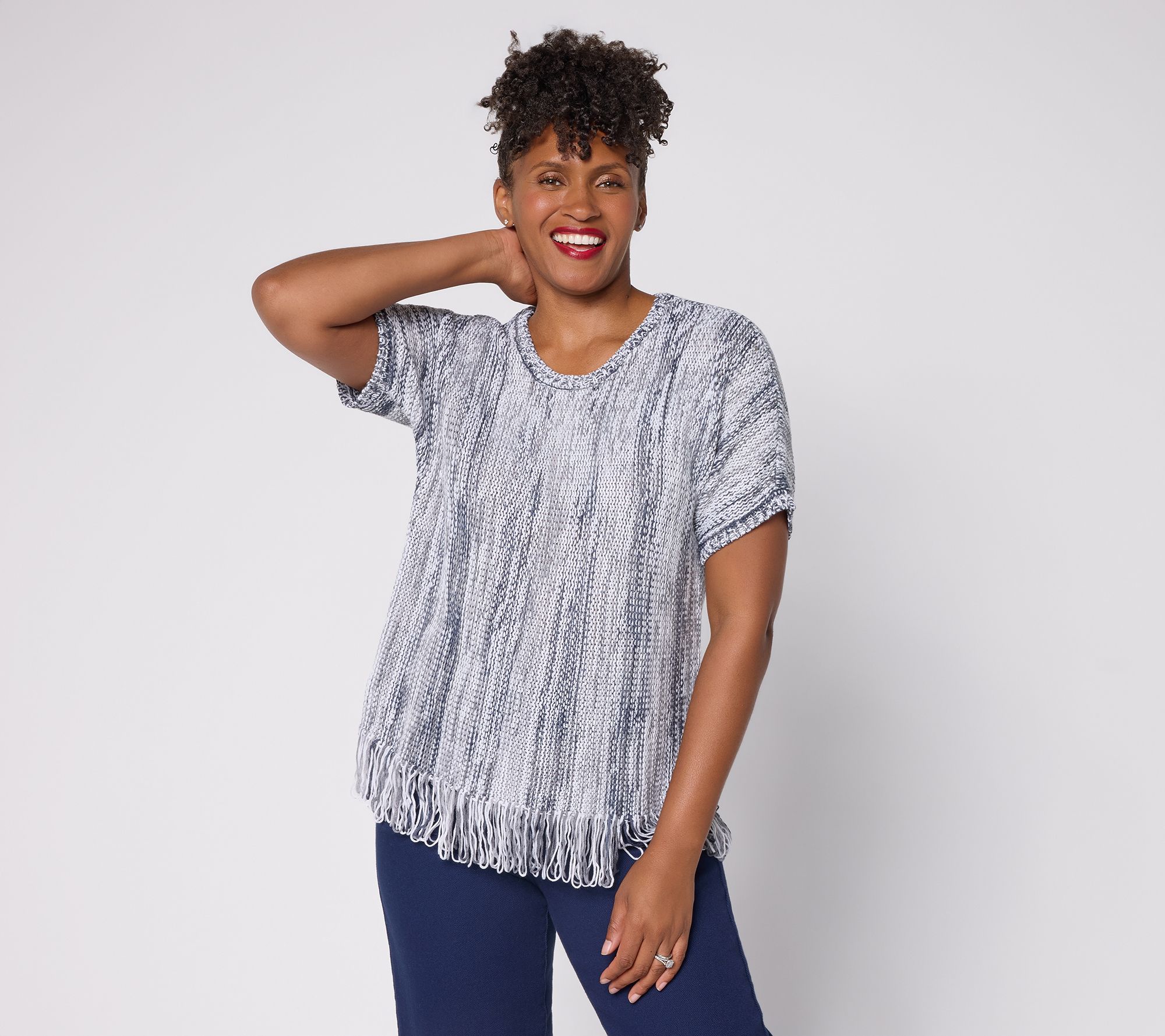 Denim & Co. Dolman Short Sleeve Fringe Hem Sweater