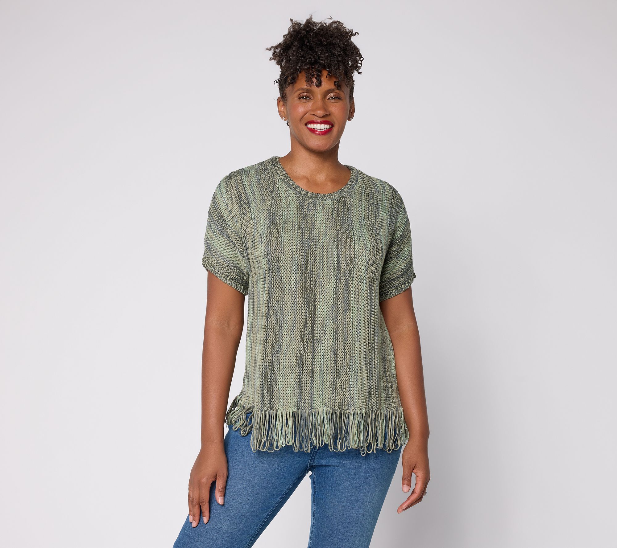 Denim & Co. Dolman Short Sleeve Fringe Hem Sweater
