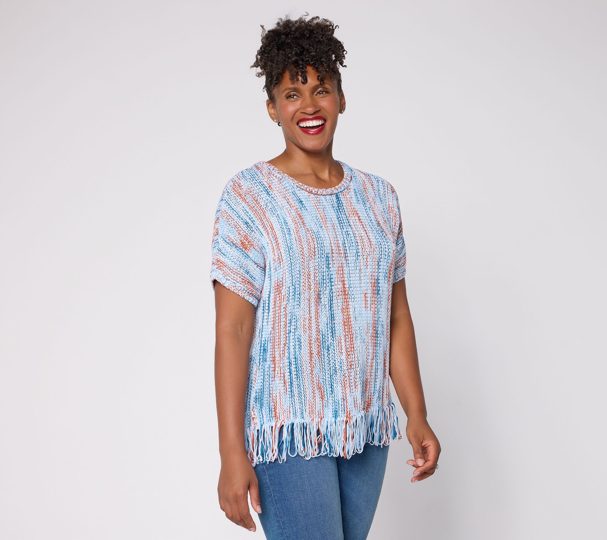 Denim & Co. Dolman Short Sleeve Fringe Hem Sweater