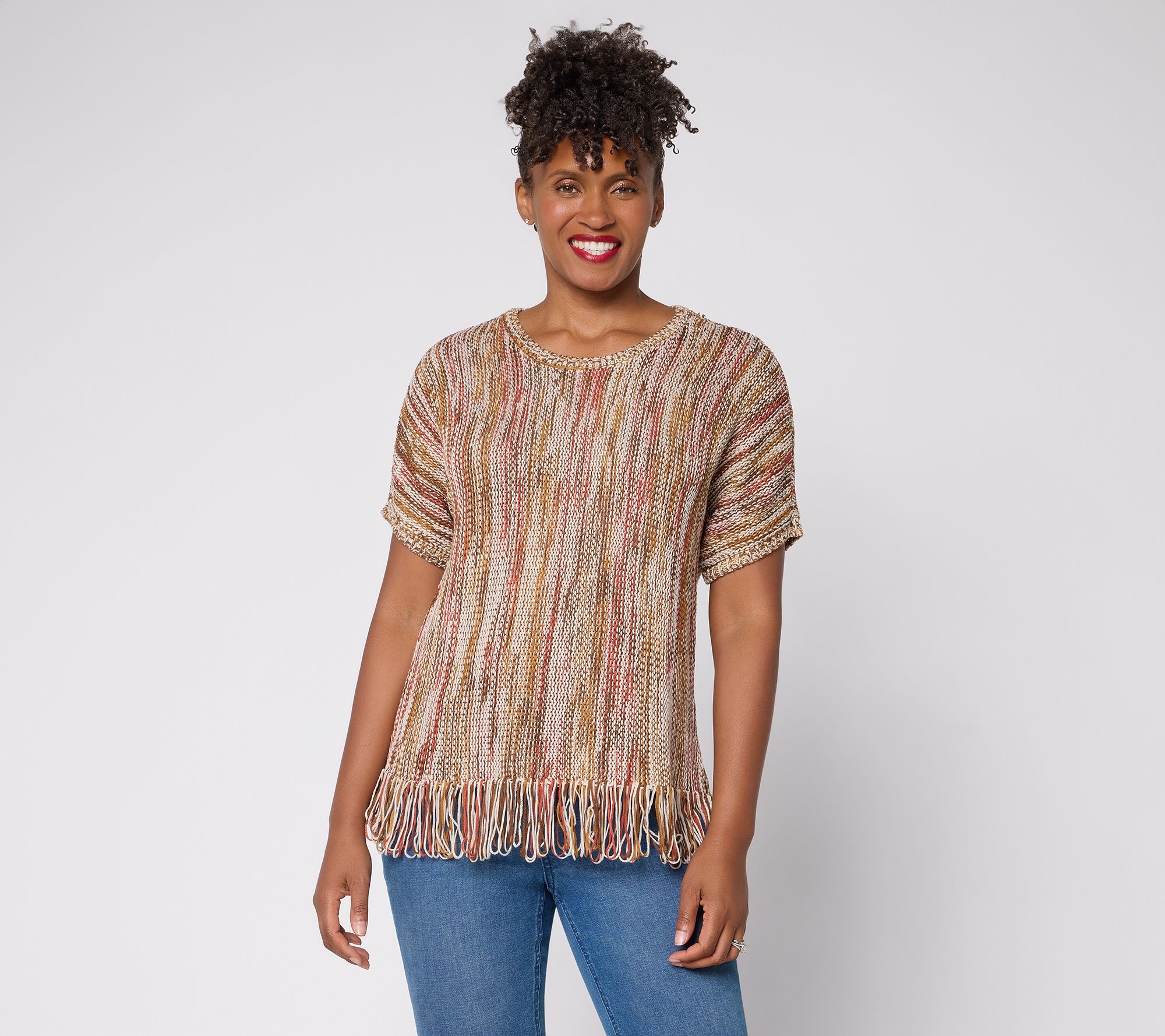 Denim & Co. Dolman Short Sleeve Fringe Hem Sweater