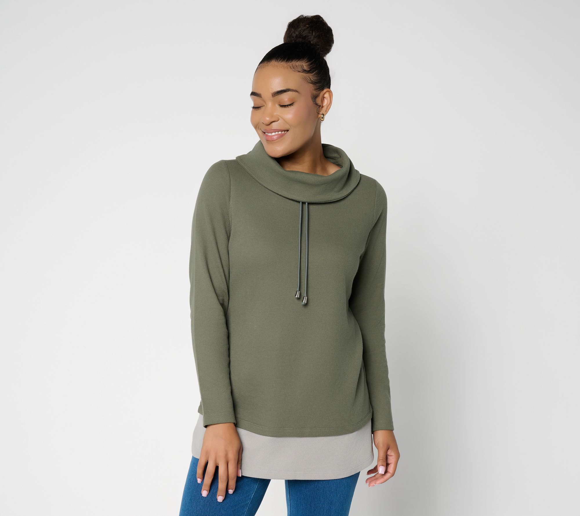 Denim & Co. Active Petite Waffle Knit Color Block Tunic