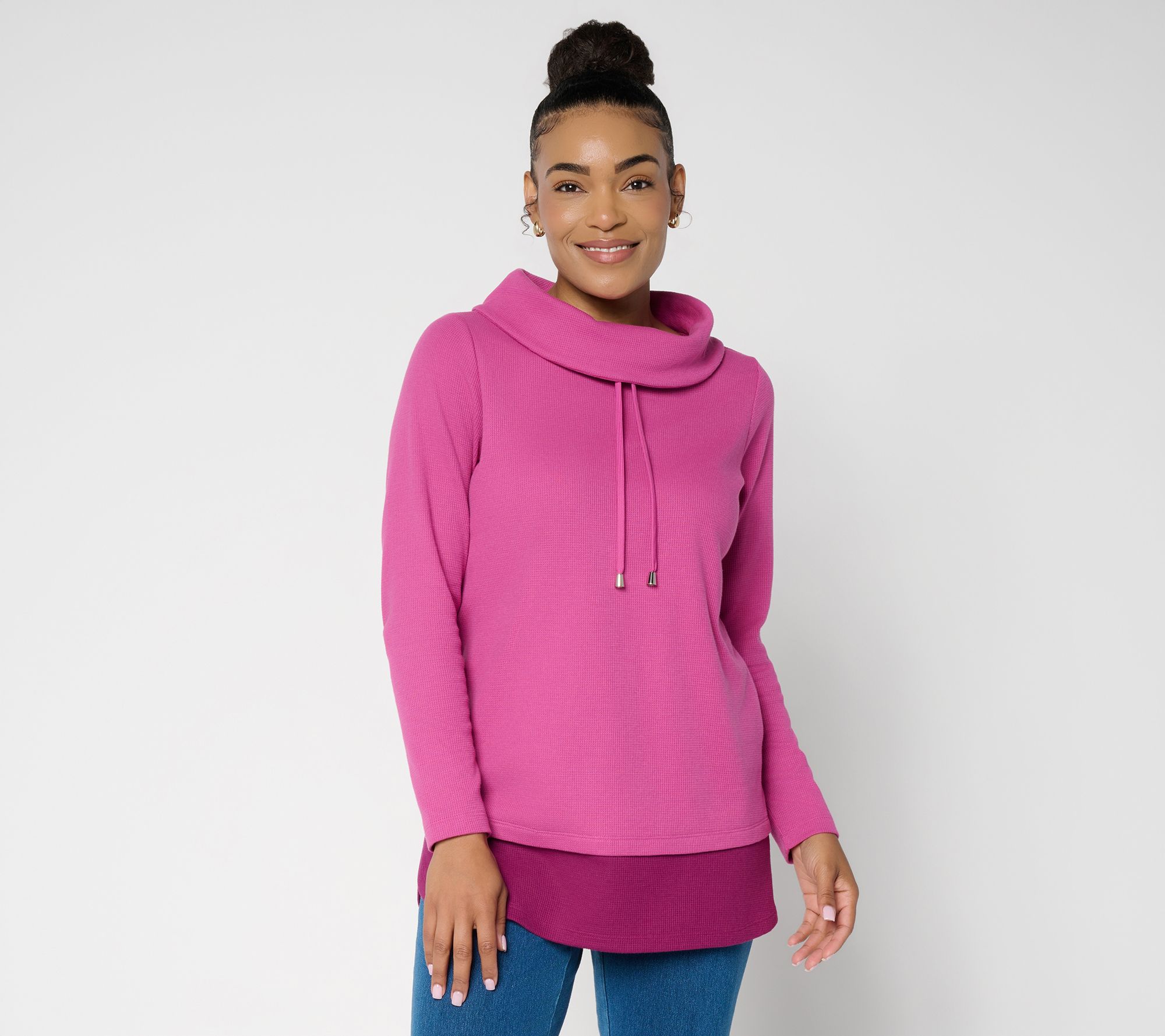 Denim & Co. Active Petite Waffle Knit Color Block Tunic