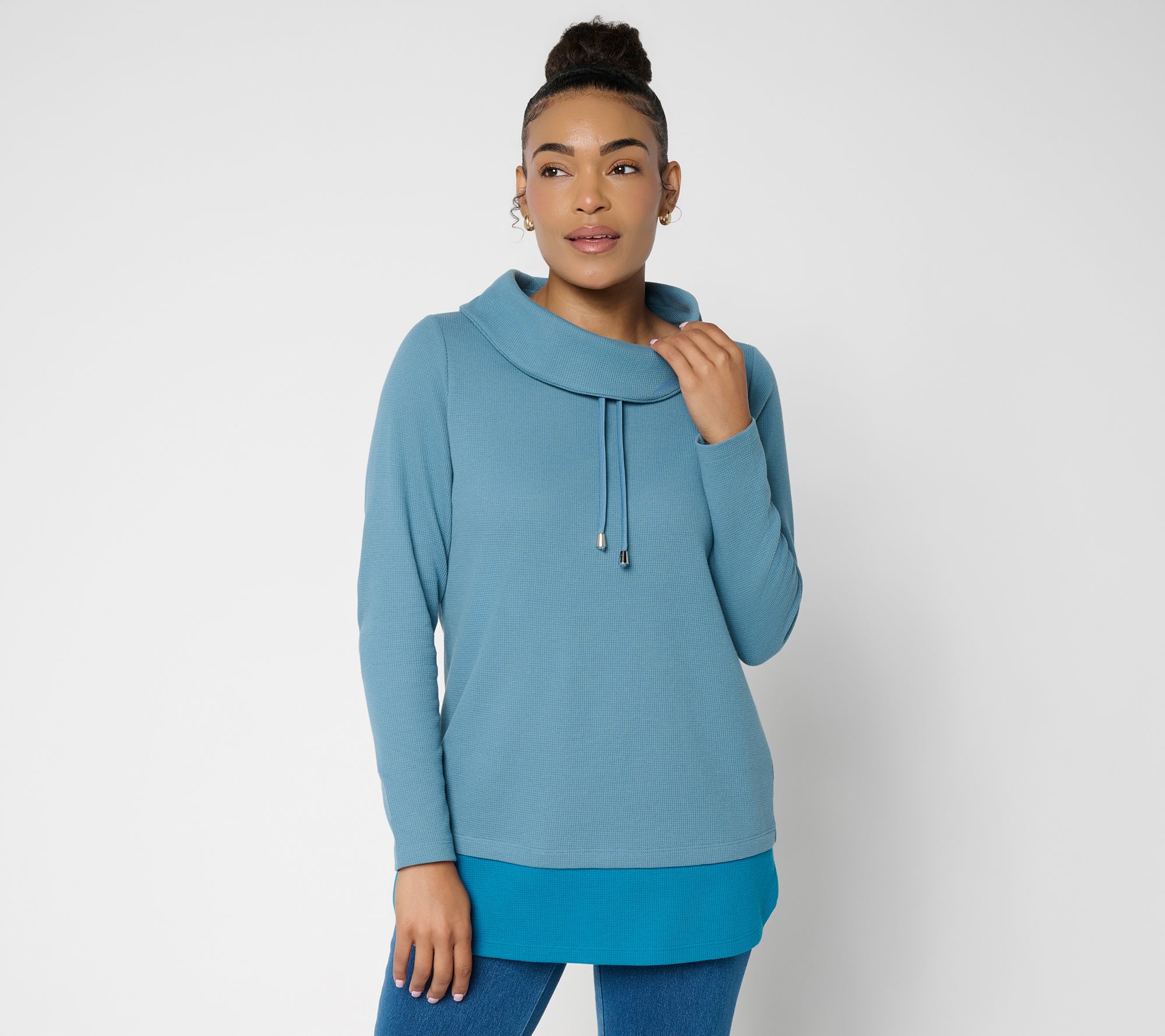 Denim & Co. Active Petite Waffle Knit Color Block Tunic