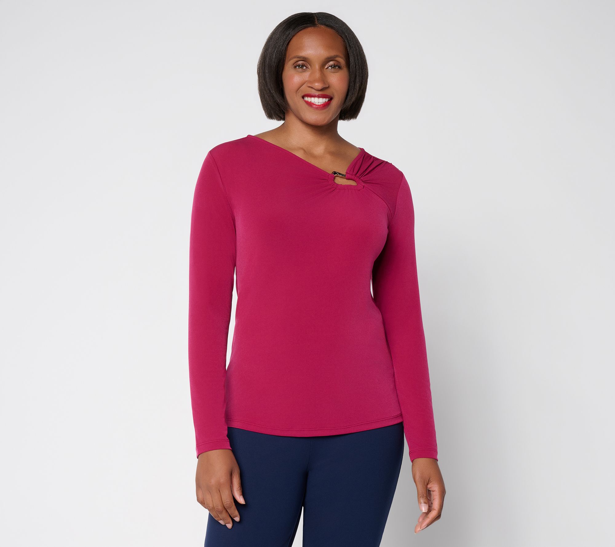 Susan Graver Liquid Knit Asymmetrical Neck Long Sleeve Top