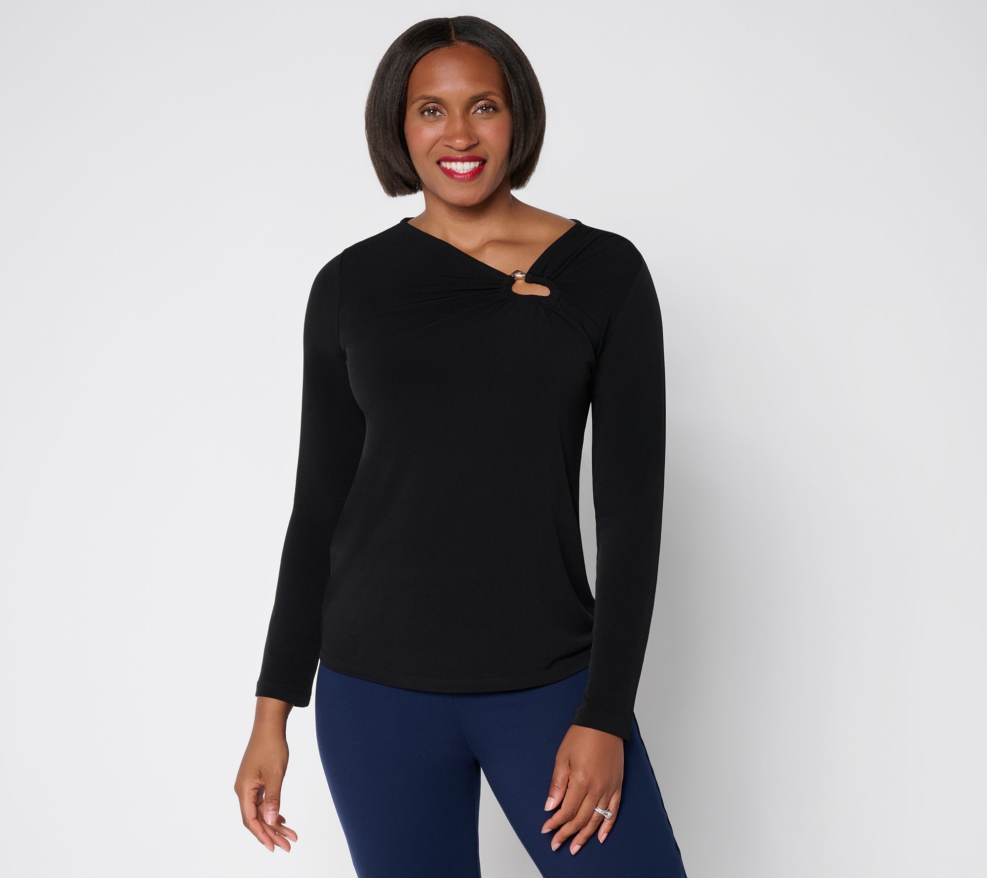 Susan Graver Liquid Knit Asymmetrical Neck Long Sleeve Top