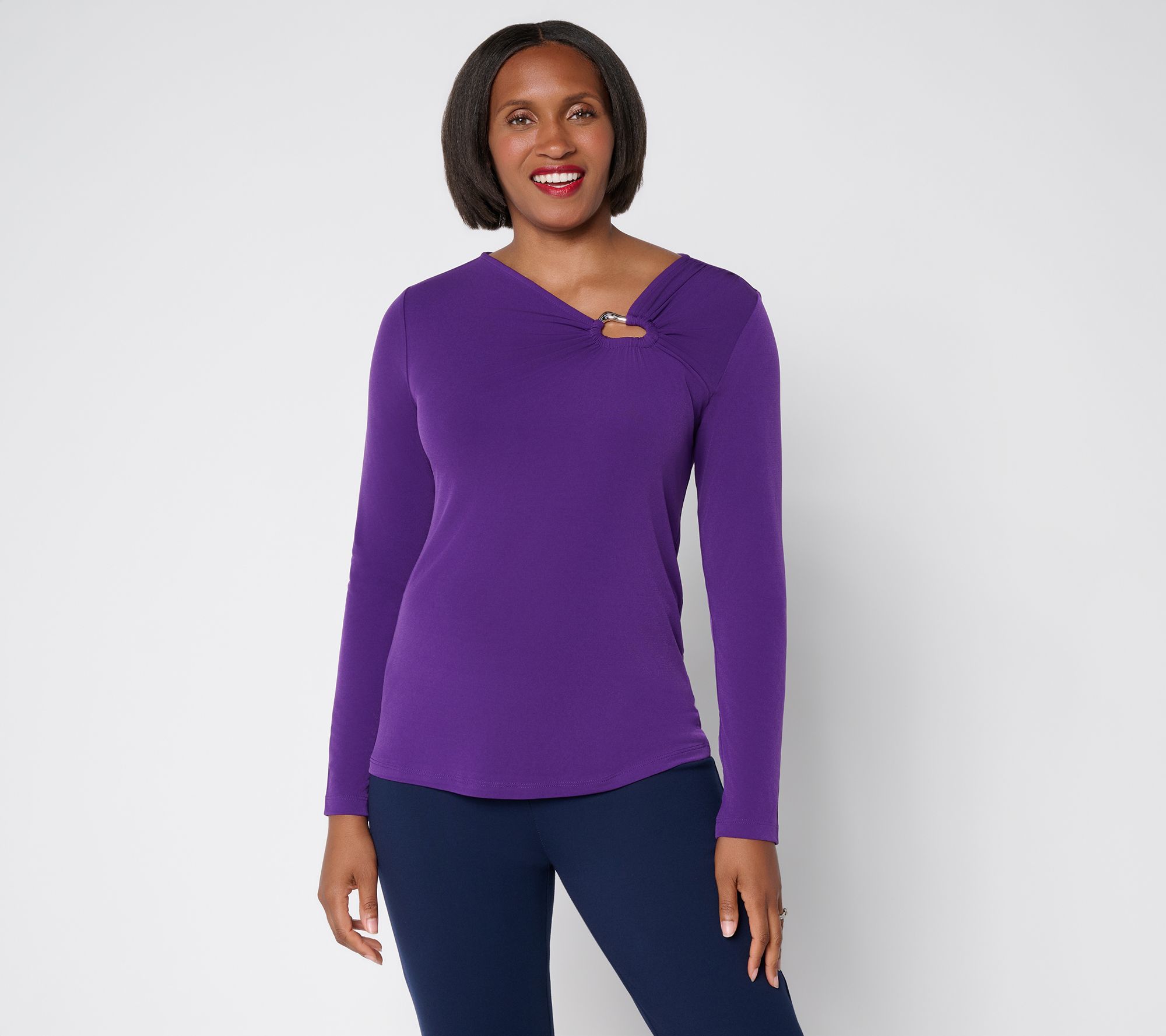 Susan Graver Liquid Knit Asymmetrical Neck Long Sleeve Top