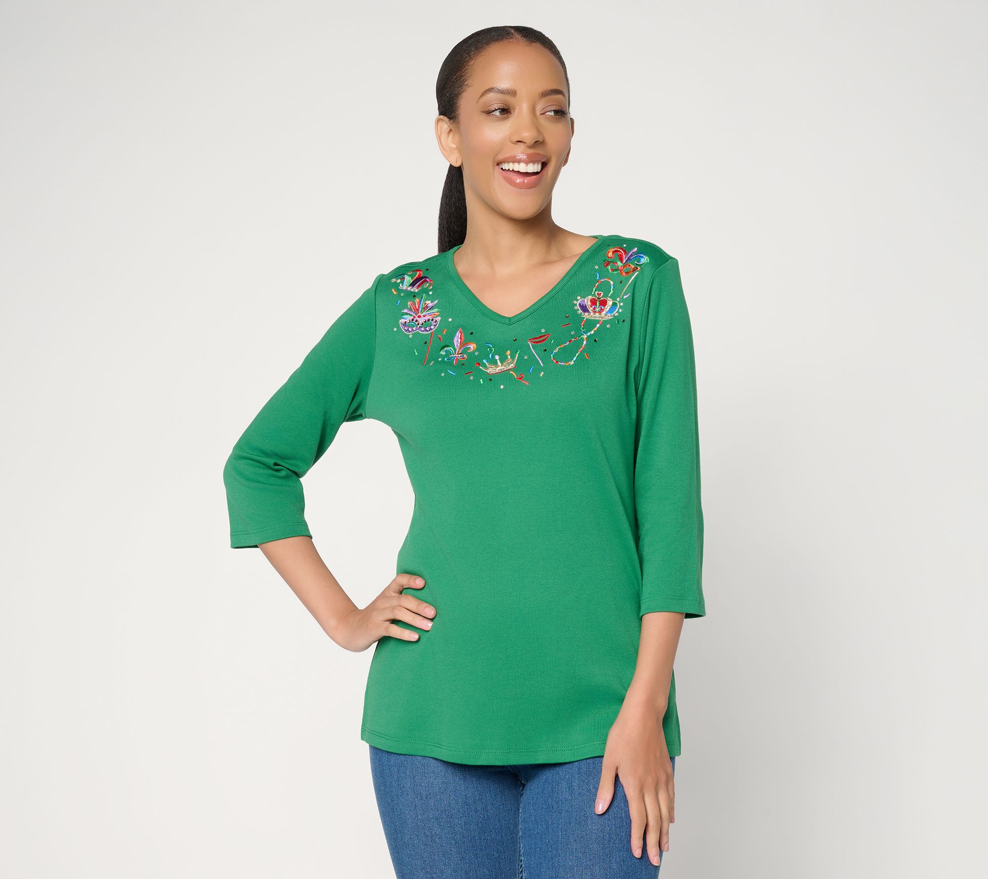 "As Is" Quacker Factory Mardi Gras Sparkle V-Neck 3/4 Sleeve Top