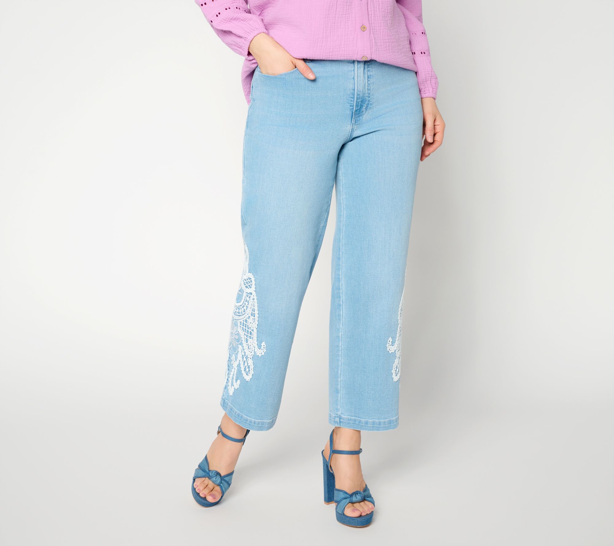 "As Is" Susan Graver Petite Stretch Denim Ankle Jean with Lace Detail