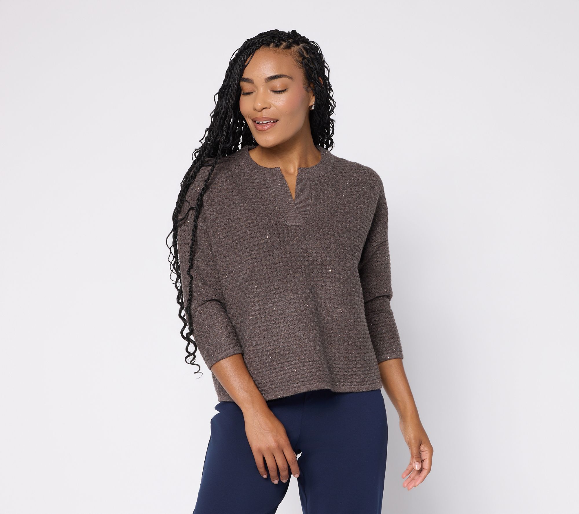  Susan Graver Textured Sequin Pullover 3/4 Sleeve Sweater