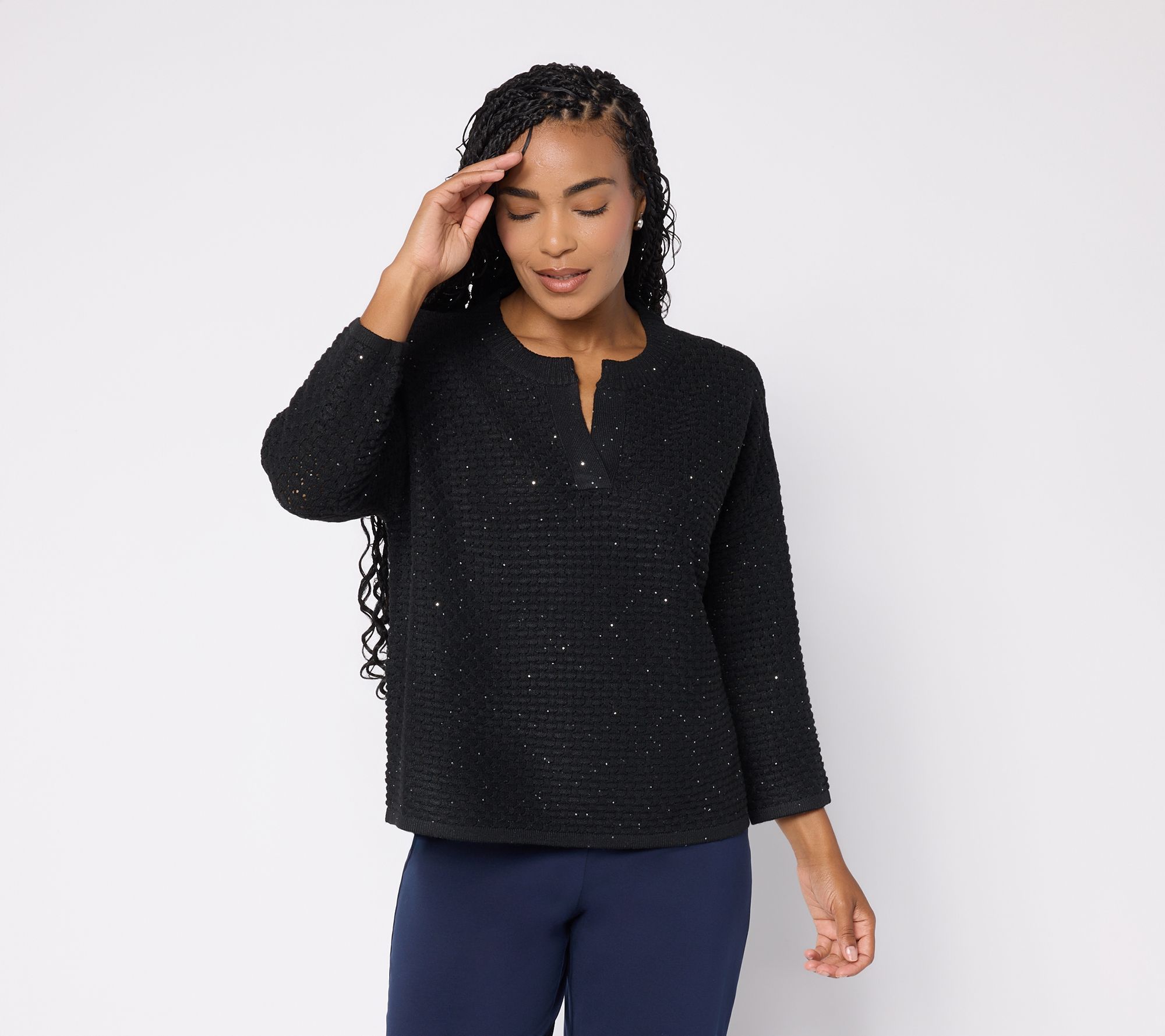 Susan Graver Textured Sequin Pullover 3/4 Sleeve Sweater