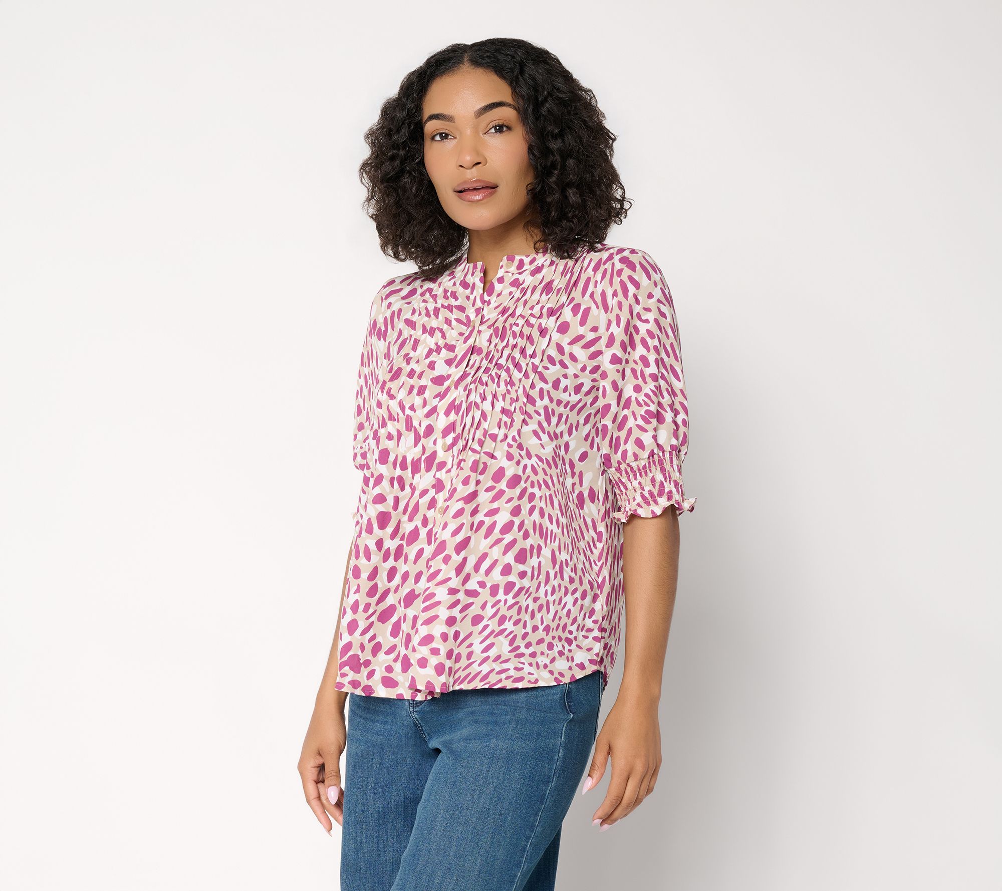 "As Is" NYDJ Pleated Short-Sleeve Printed Blouse