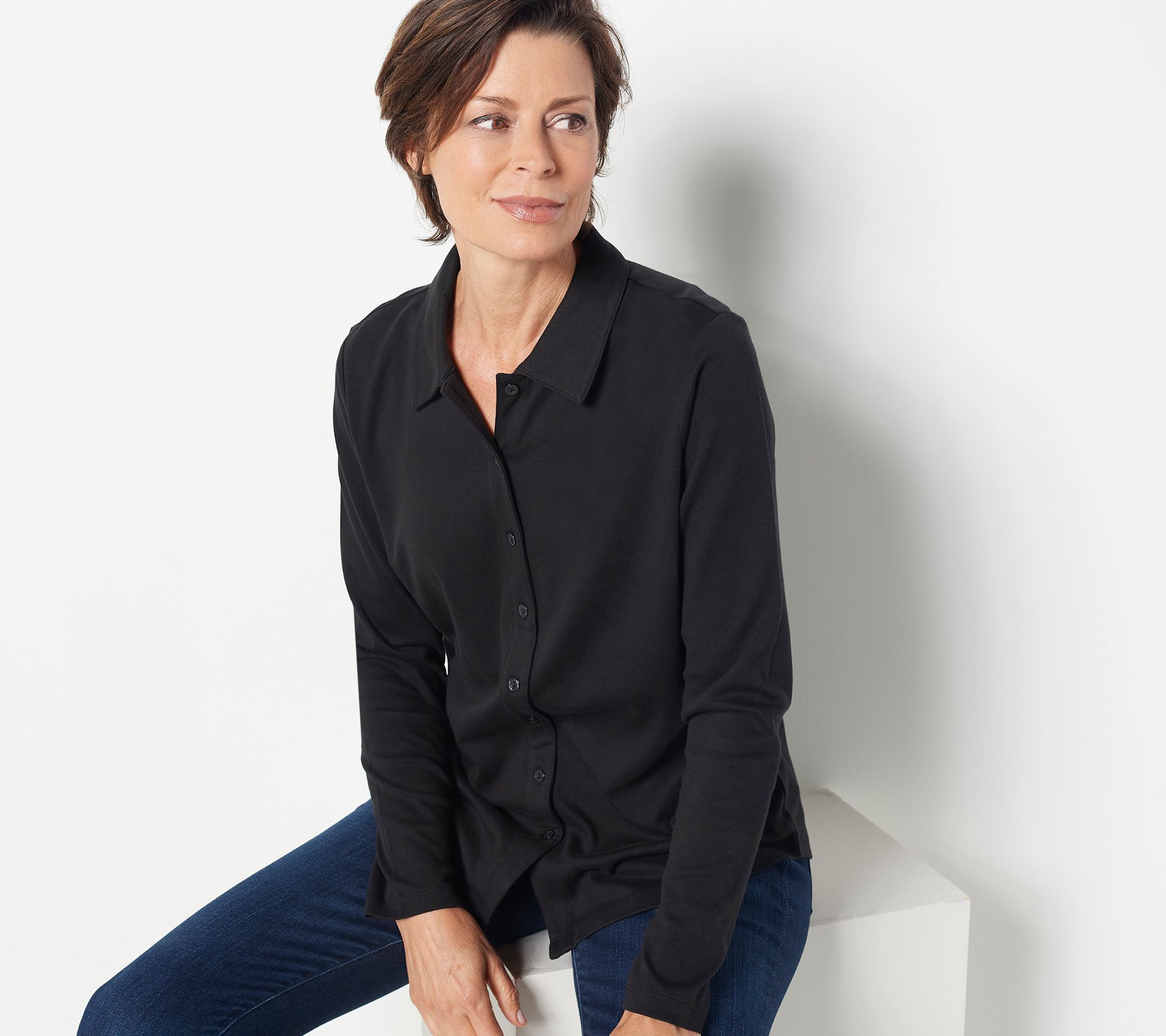 Isaac Mizrahi Live! Essentials Pima Cotton Button Front Top