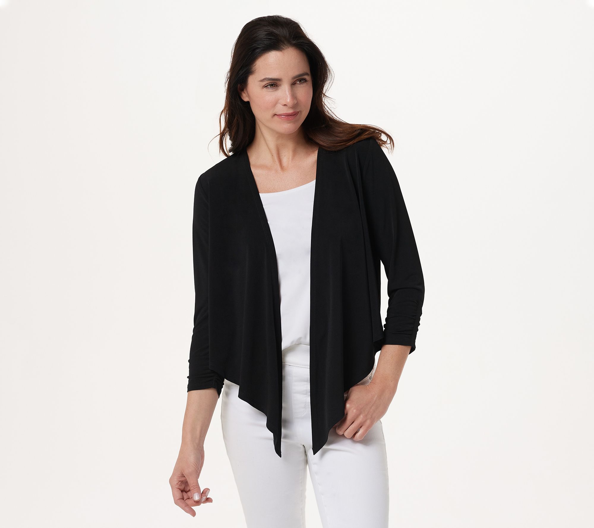 "As Is" Susan Graver Liquid Knit Ruched 3/4-Sleeve Open Front Shrug