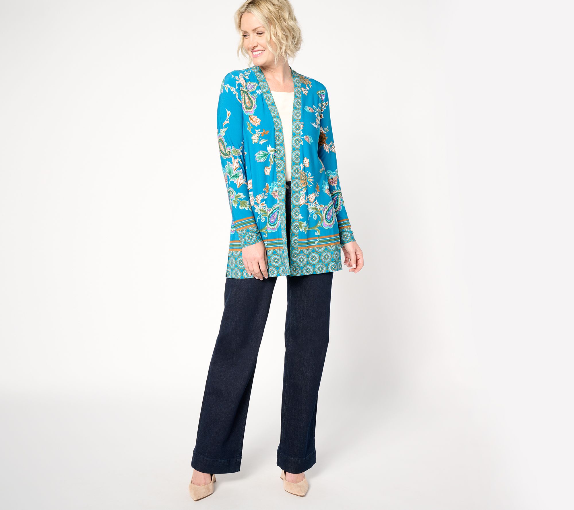 トップス DestructionDesign BigCardigan Susan Graver Printed Liquid Knit Long Sleeve Cardigan - QVC.com