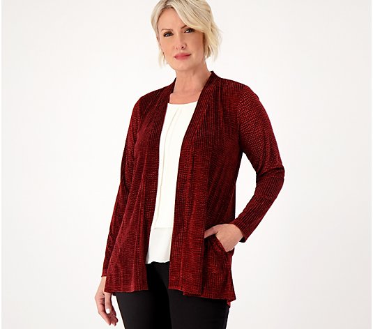Susan Graver Occasions Pleated Velvet Open Front Long Sleeve Cardigan