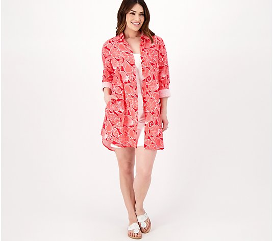 Denim & Co. Beach Button Roll Tab Sleeve Shirt Dress Cover-Up