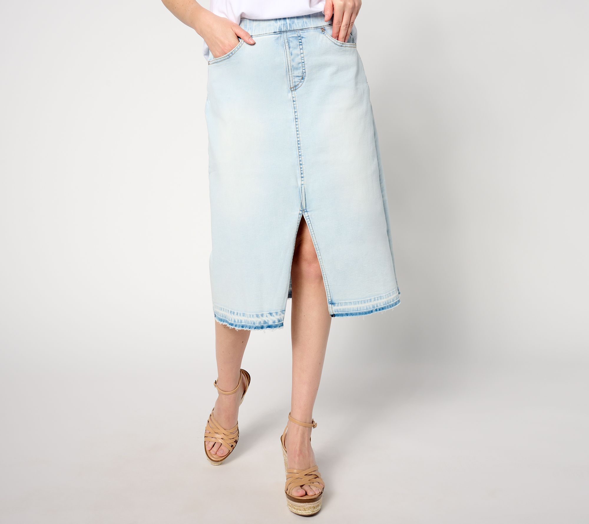 Good American Front-Slit Denim Midi Skirt