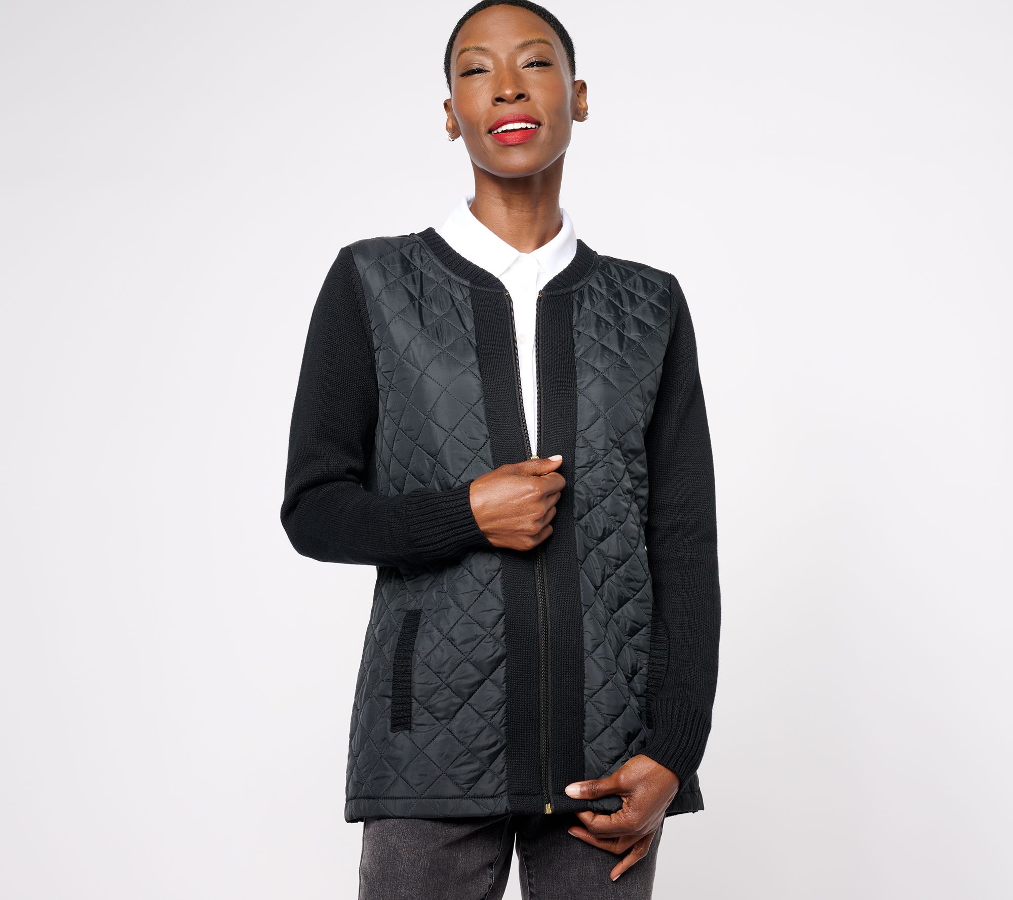 "As Is" Denim & Co. Heritage Quilted Zip Front Sweater Jacket