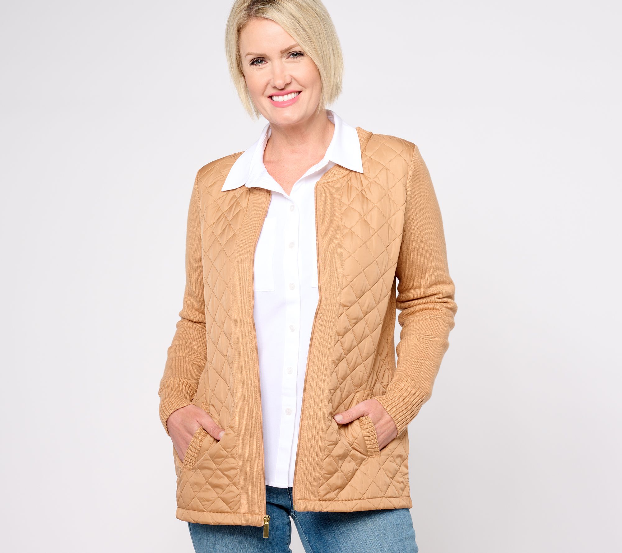 "As Is" Denim & Co. Heritage Quilted Zip Front Sweater Jacket