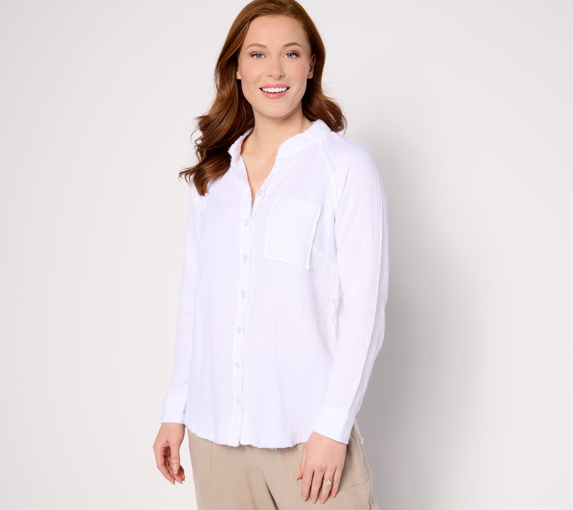 Belle Beach by Kim Gravel Gauze Frayed Trim One Pocket Big Shirt