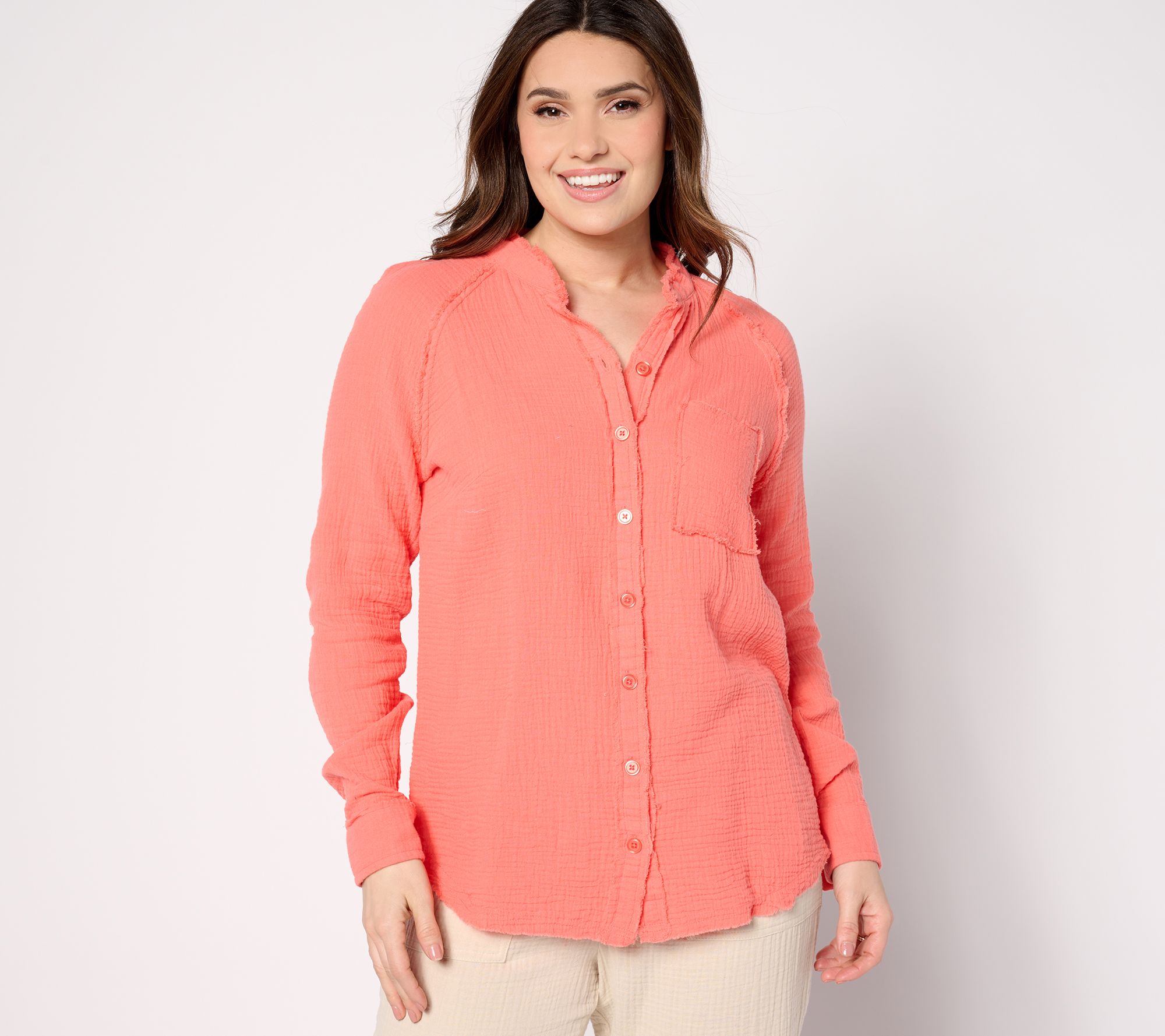 Belle Beach by Kim Gravel Gauze Frayed Trim One Pocket Big Shirt