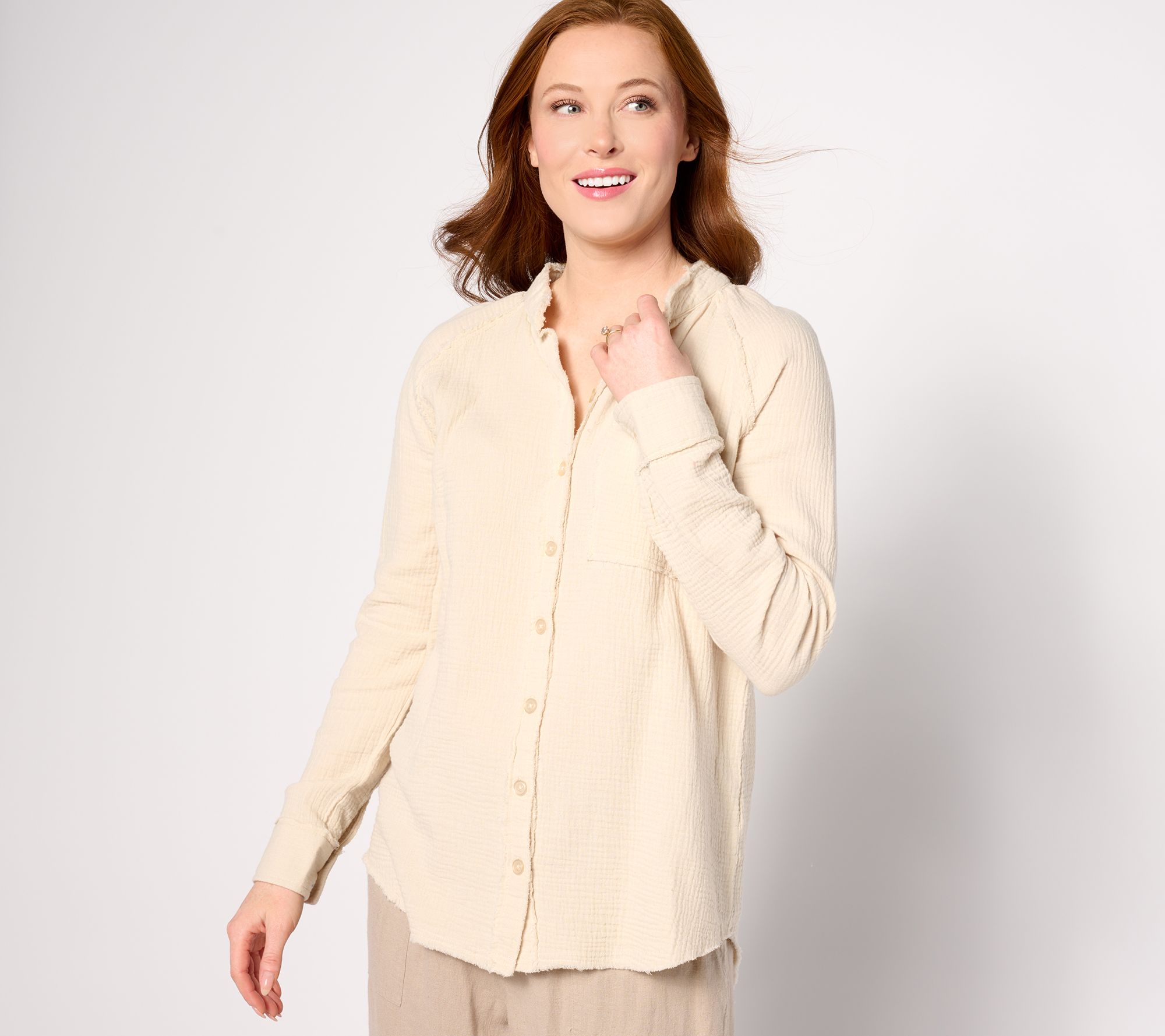 Belle Beach by Kim Gravel Gauze Frayed Trim One Pocket Big Shirt