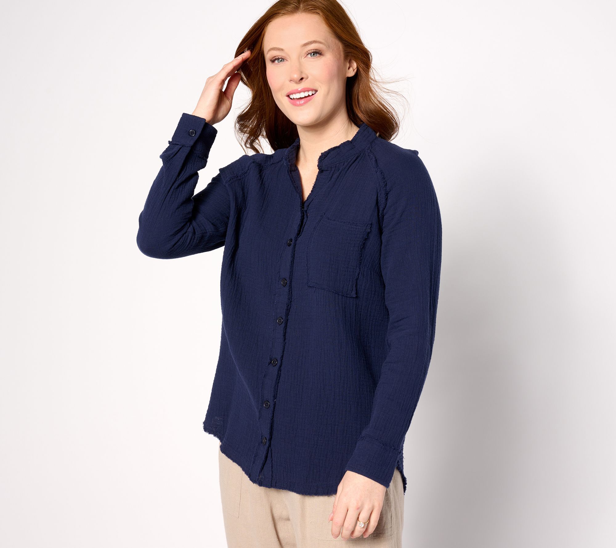 Belle Beach by Kim Gravel Gauze Frayed Trim One Pocket Big Shirt