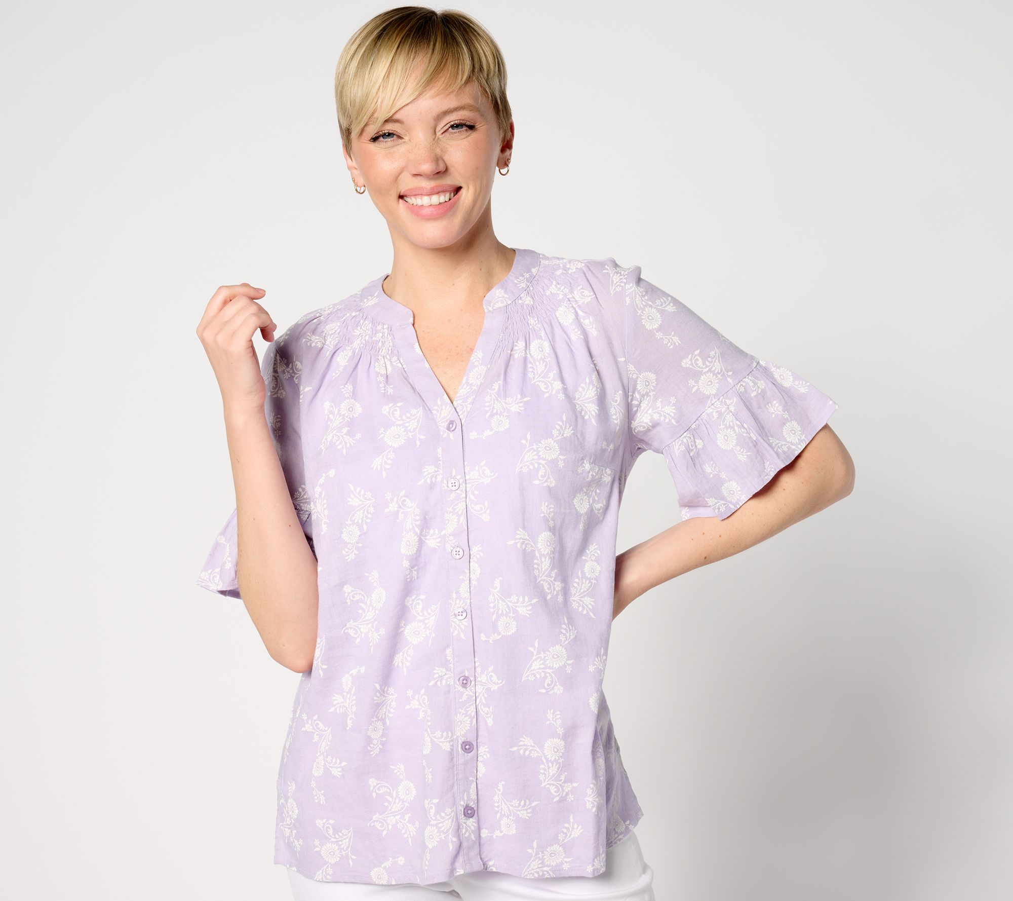 Denim & Co. Naturals Linen Blend Elbow Sleeve Printed Blouse