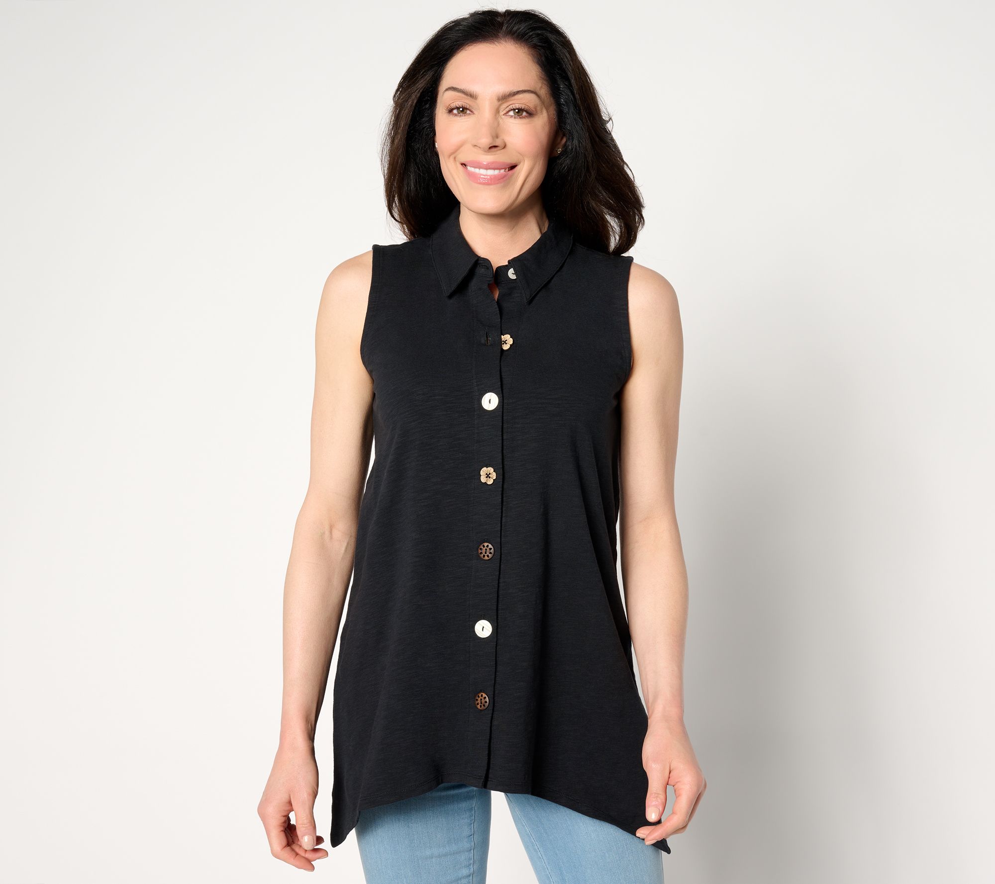 Denim & Co. Regular Texture-Knit Sharkbite Hem Button Tunic