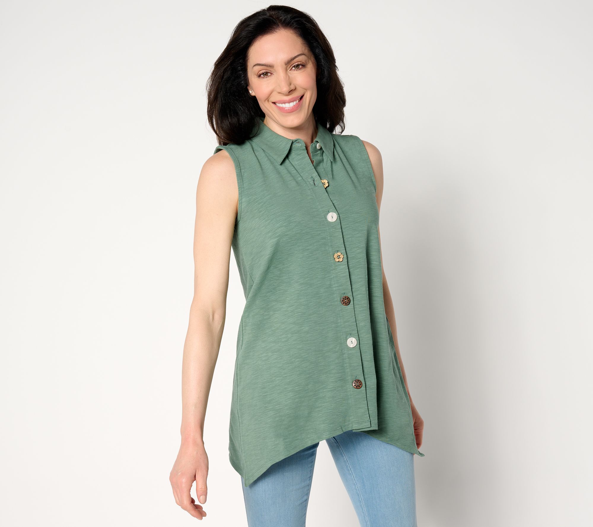 Denim & Co. Regular Texture-Knit Sharkbite Hem Button Tunic