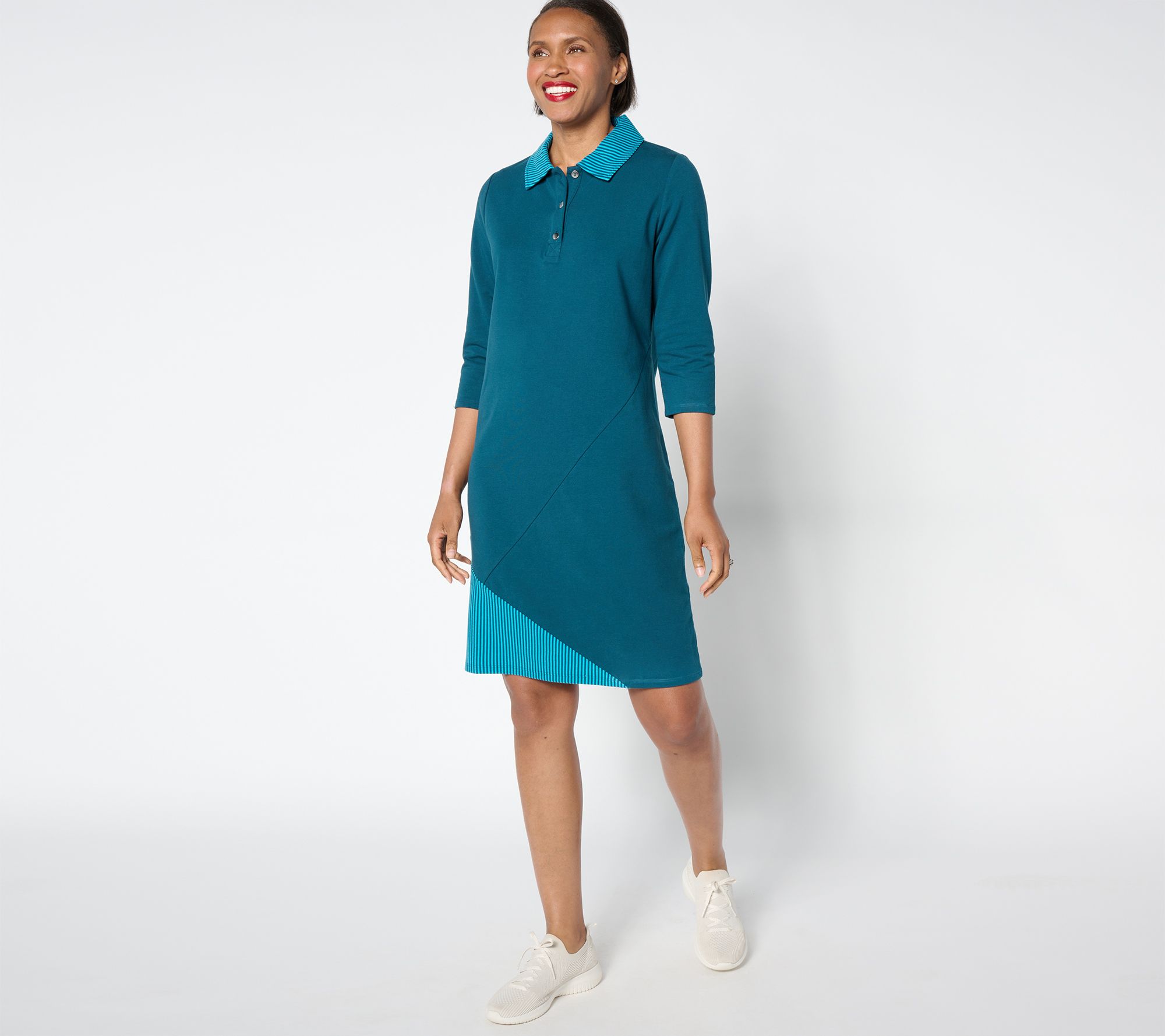 Sport Savvy Regular 3/4 slv Pieced Stripe French Terry Collared Dress