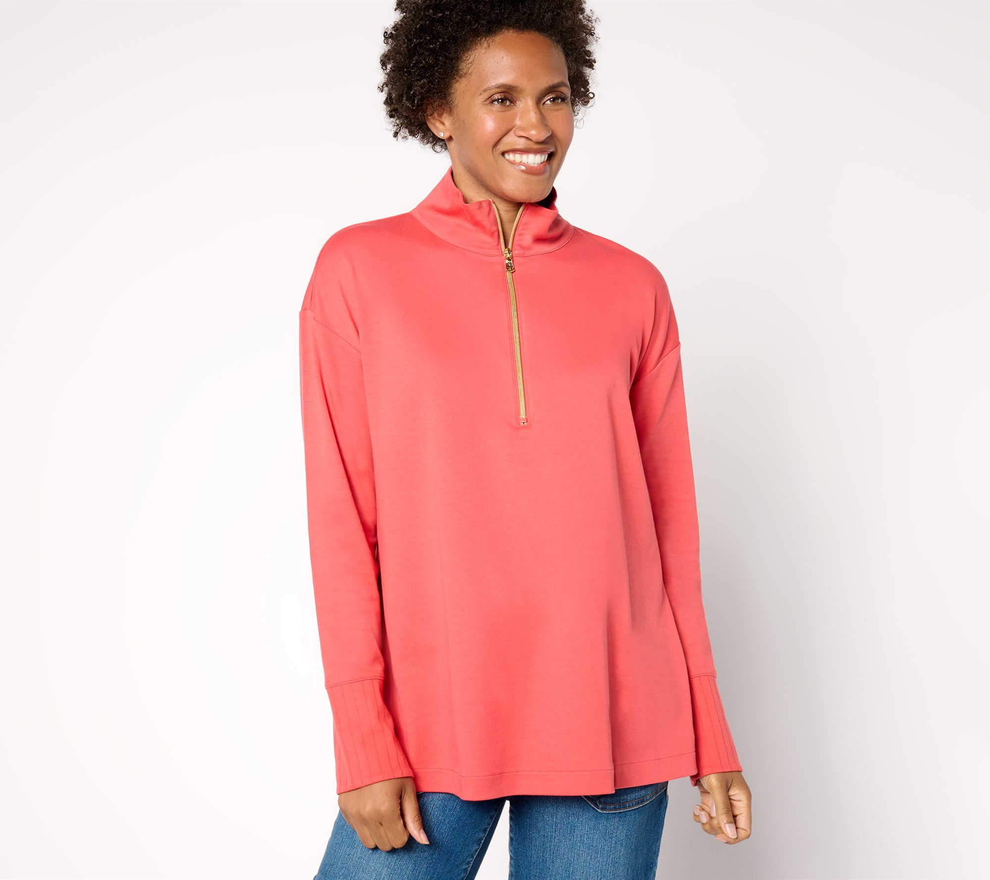 Isaac Mizrahi Live! Petite Essentials Pima Cotton Quarter Zip Pullover