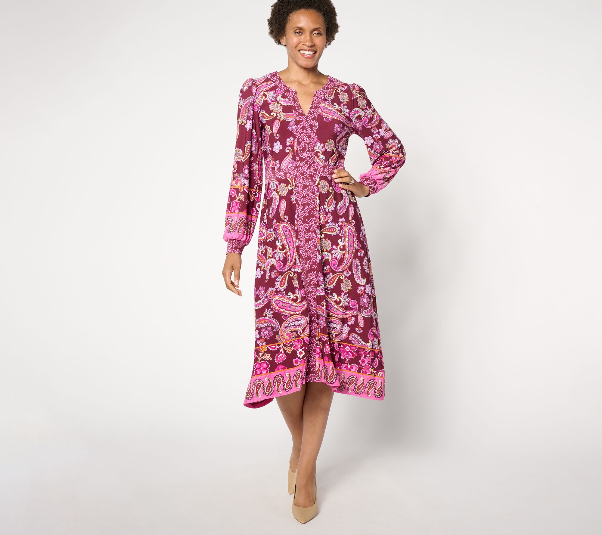 Susan Graver Regular Printed Liquid Knit Split Neck Midi Dress