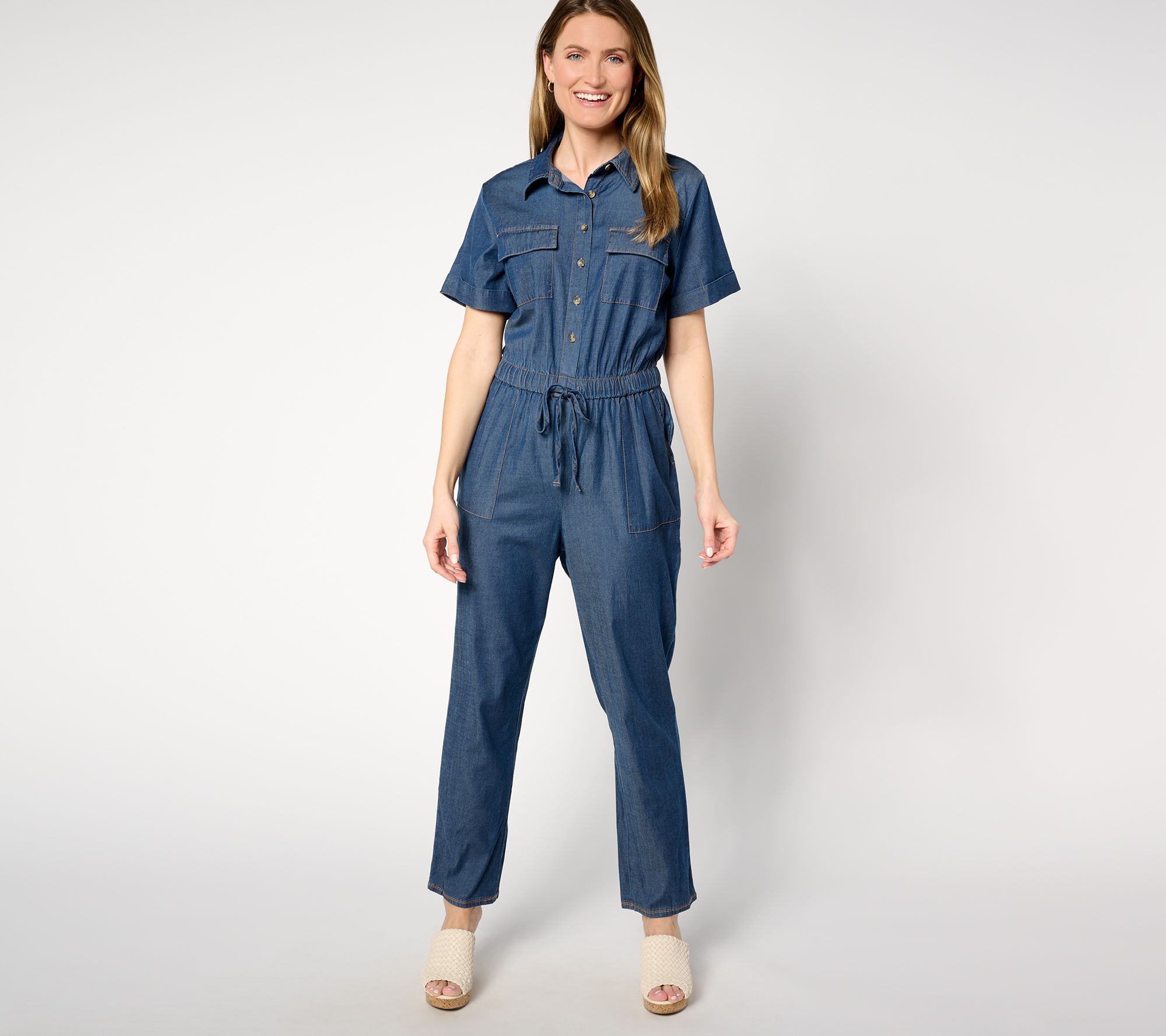 "As Is" Joan Rivers Petite Tencel Short Sleeve Jumpsuit