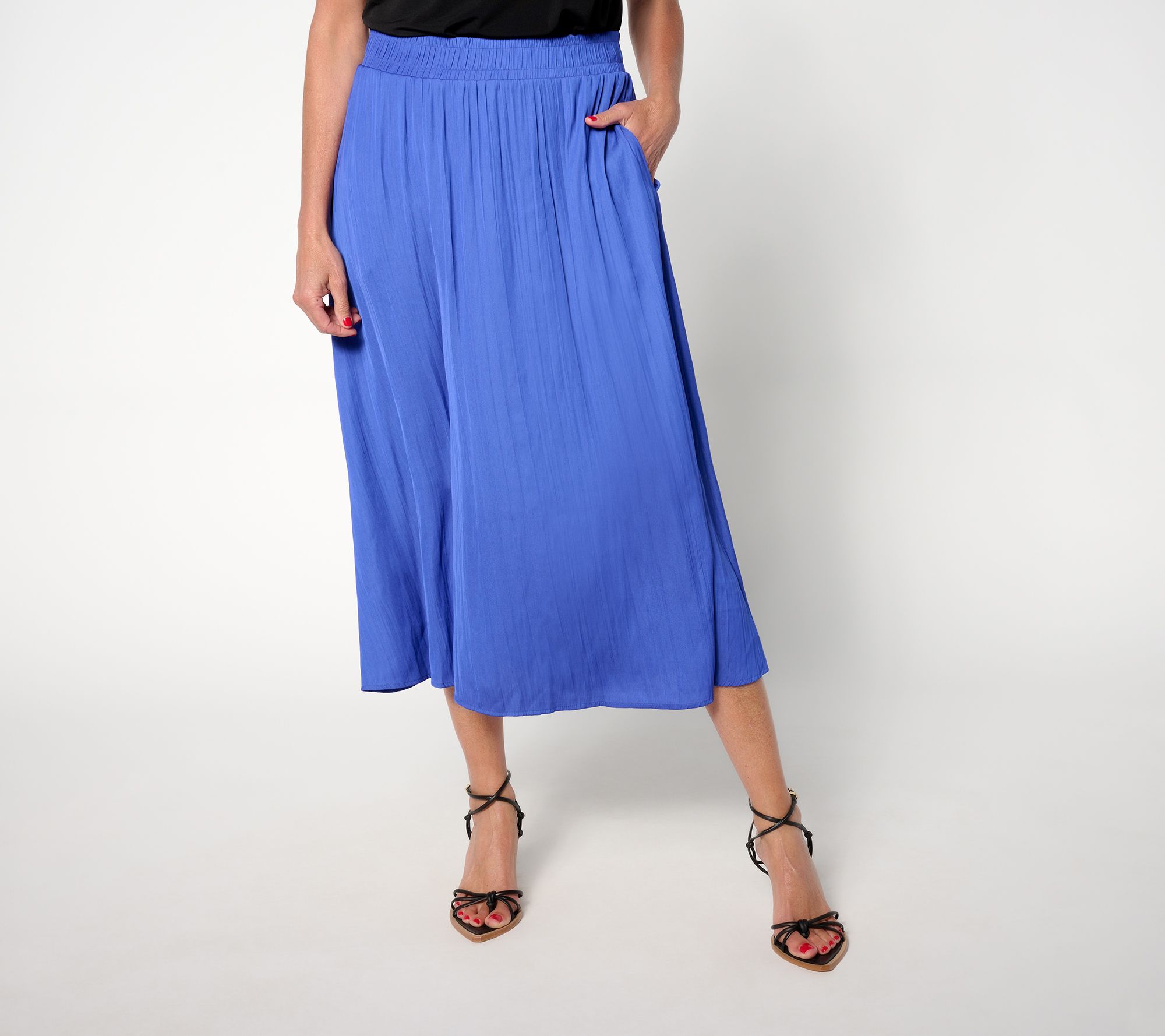 "As Is" Isaac Mizrahi Live! Regular Crinkle Satin Pull On Midi Skirt