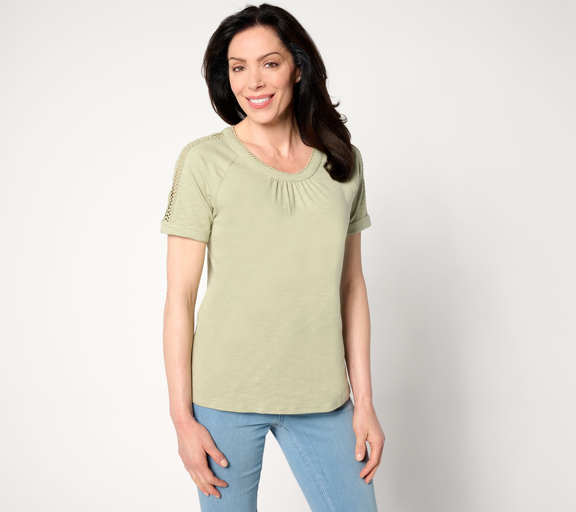 "As Is" Denim & Co. Texture Knit Round Neck Short Sleeve Lace Detail Top