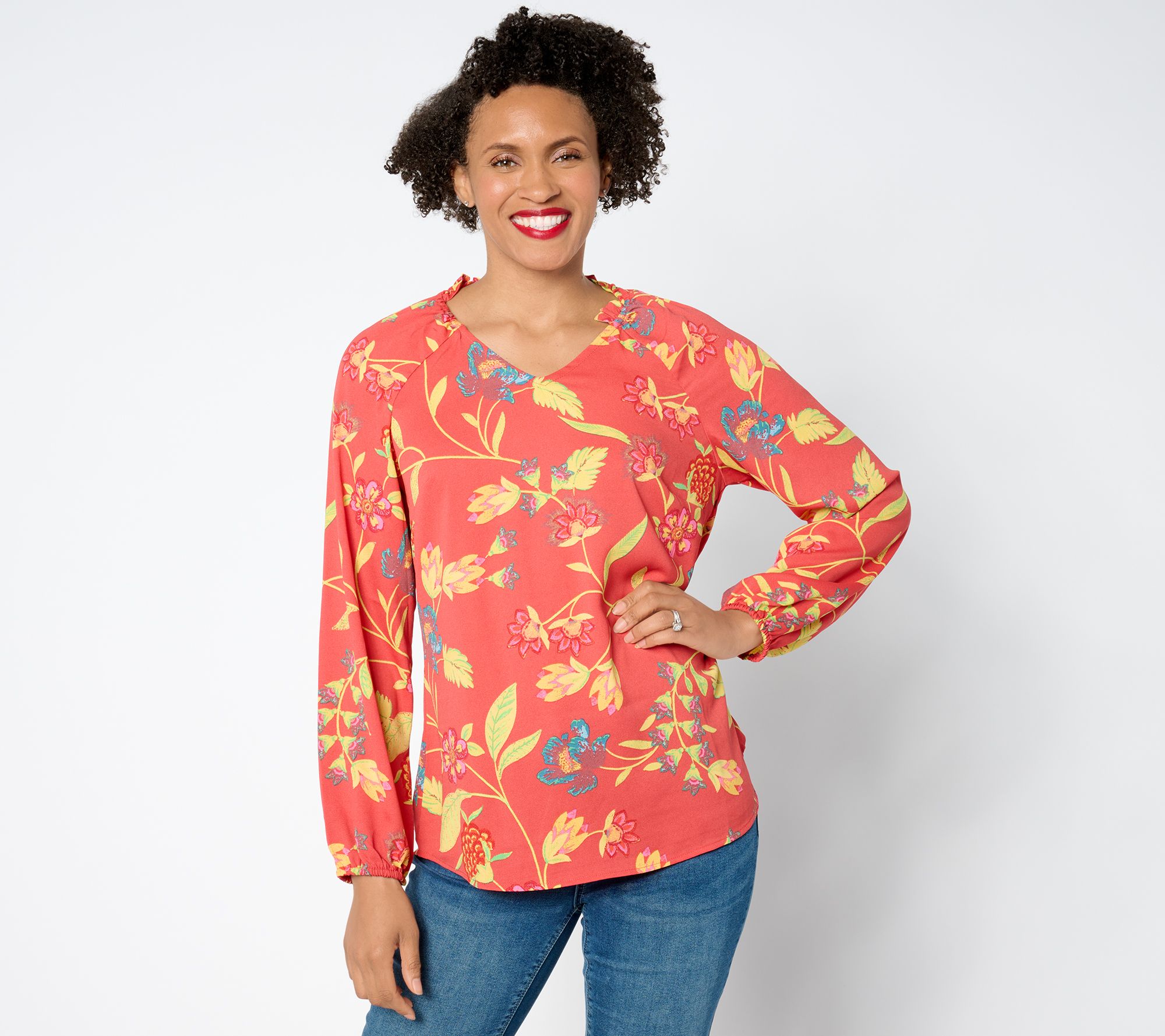 "As Is" Belle by Kim Gravel Rustic Floral Ruffle Neck Blouse