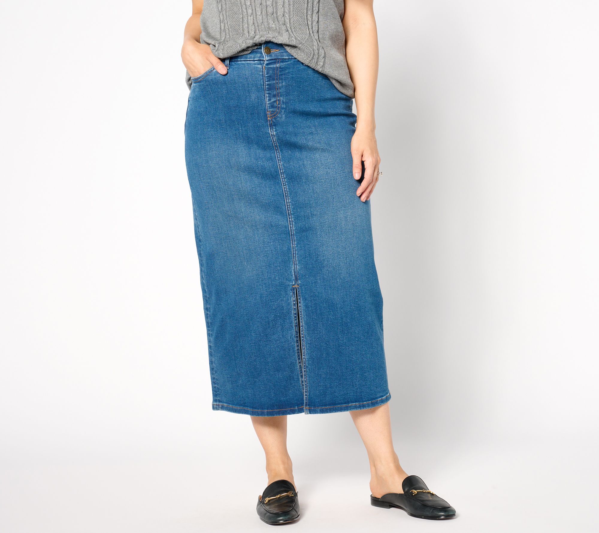 "As Is" Denim & Co. Regular Indigo Easy Stretch Denim Midi Skirt