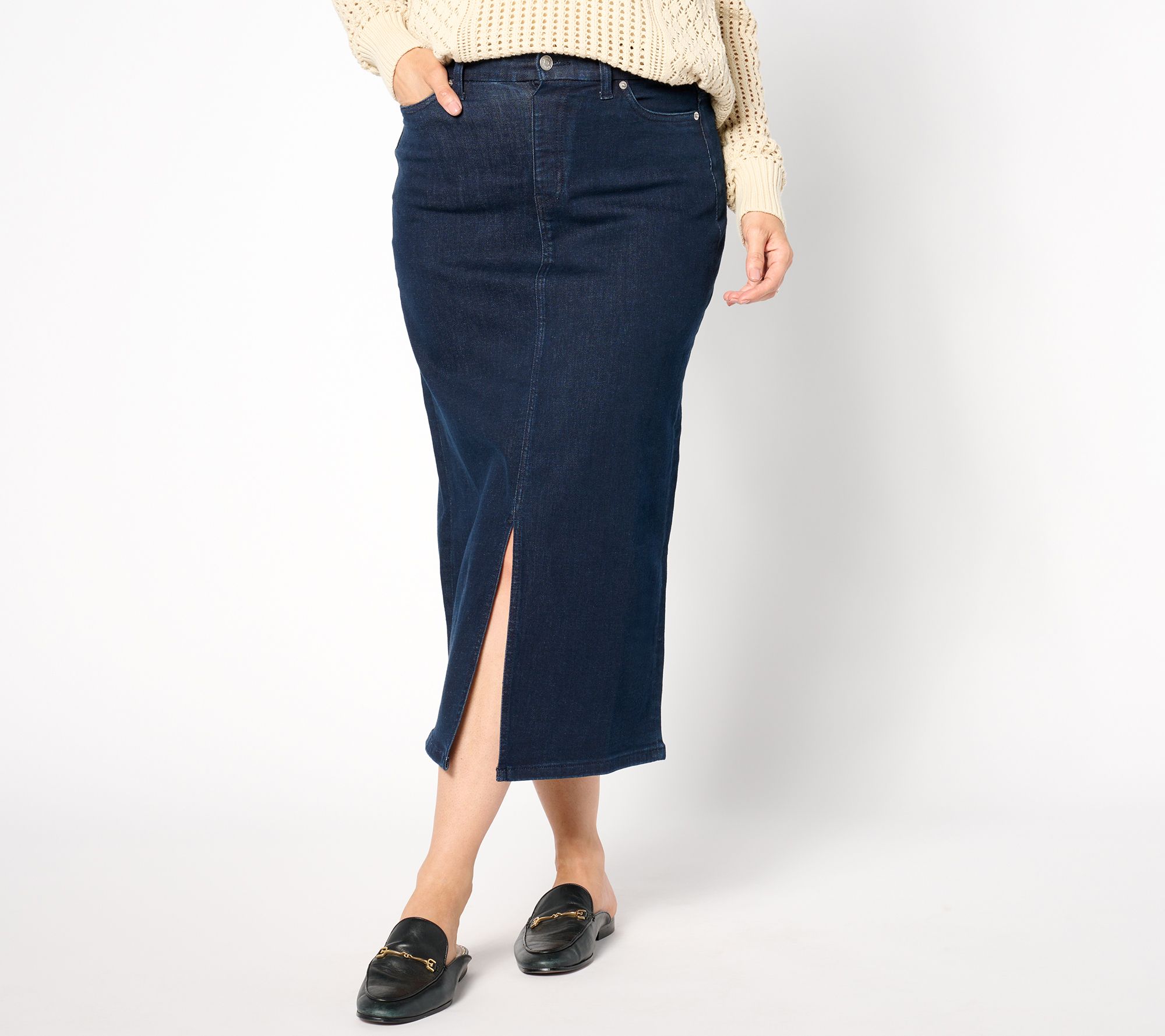 "As Is" Denim & Co. Regular Indigo Easy Stretch Denim Midi Skirt