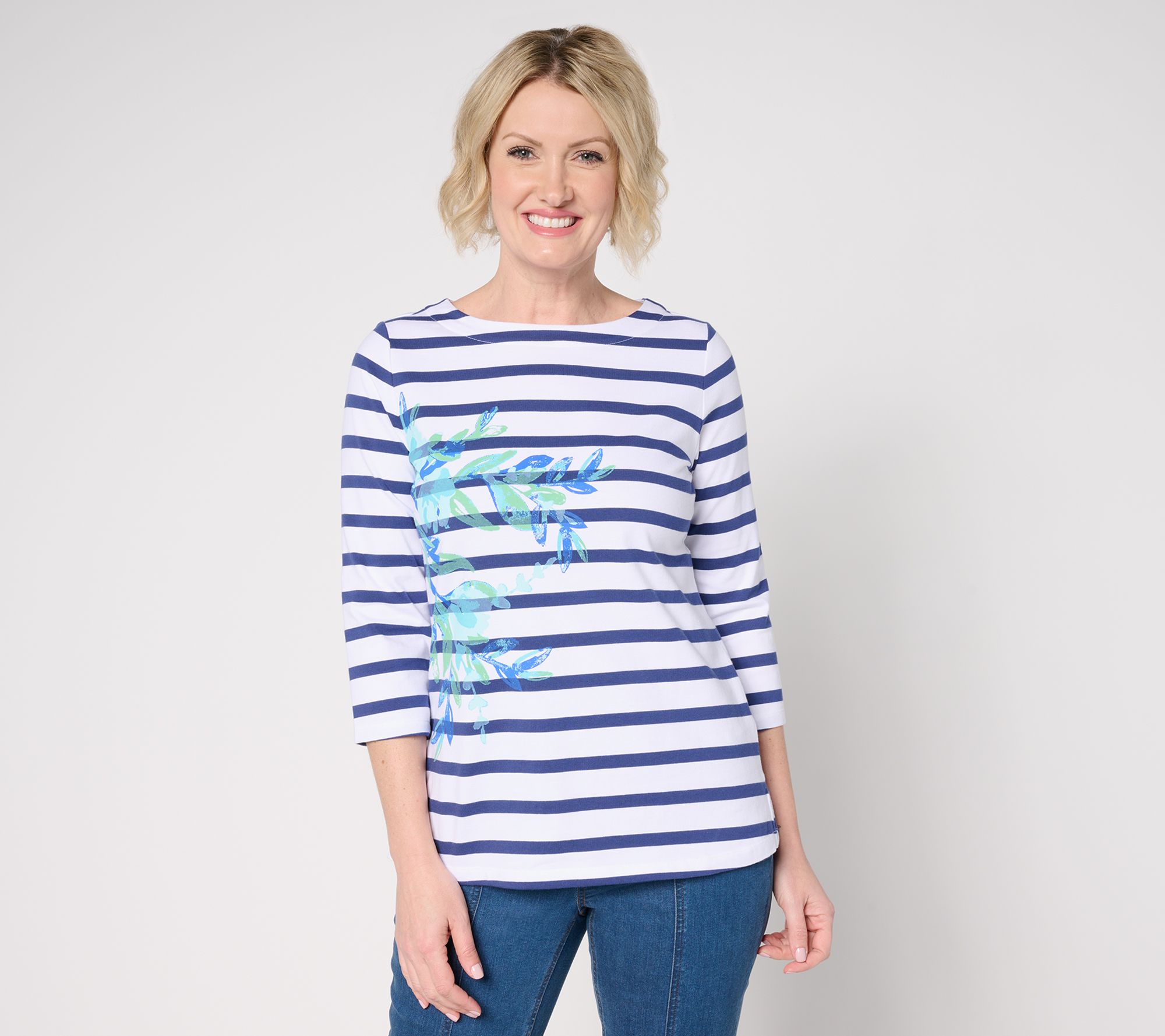 Sport Savvy Printed Knit Floral Striped 3/4 Sleeve Top w/ Side Slits