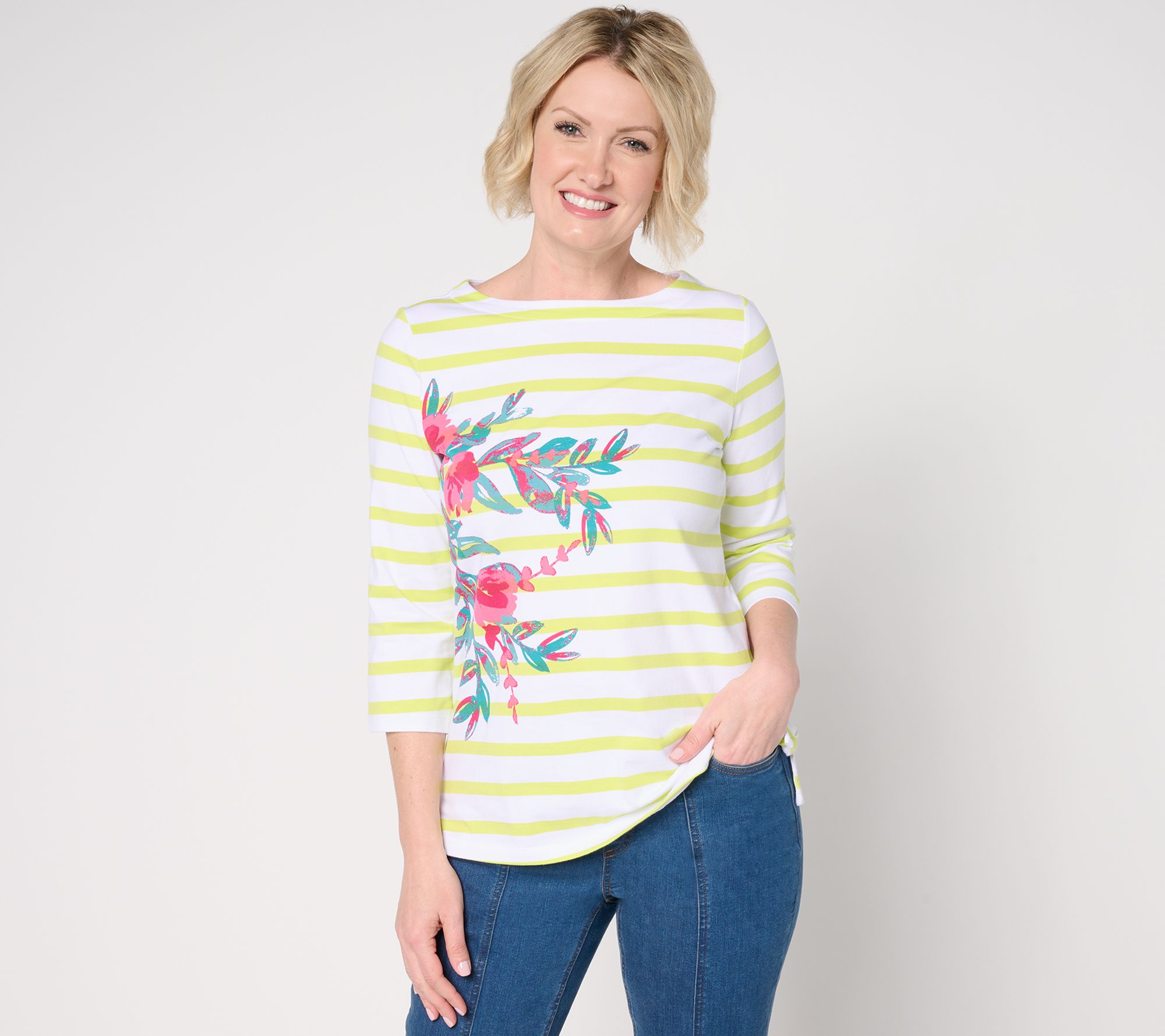 Sport Savvy Printed Knit Floral Striped 3/4 Sleeve Top w/ Side Slits