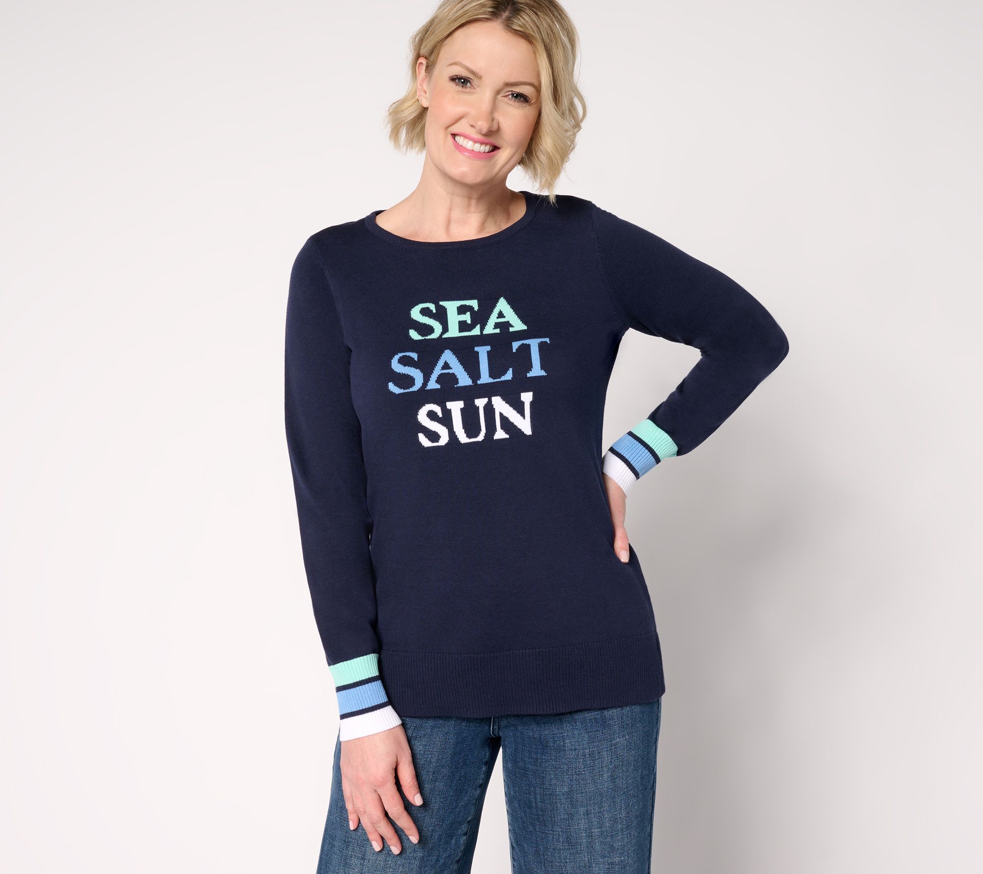  Belle by Kim Gravel Sea Salt Sun Striped Cuff Sweater