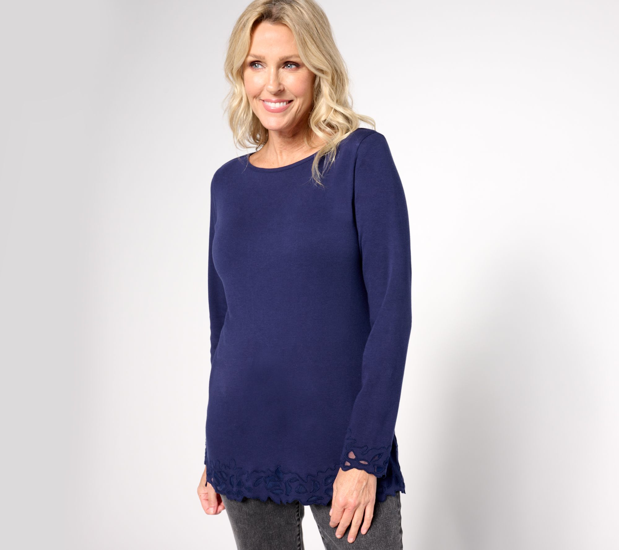 "As Is" Denim & Co. Regular Signature Embroidered Knit Tunic