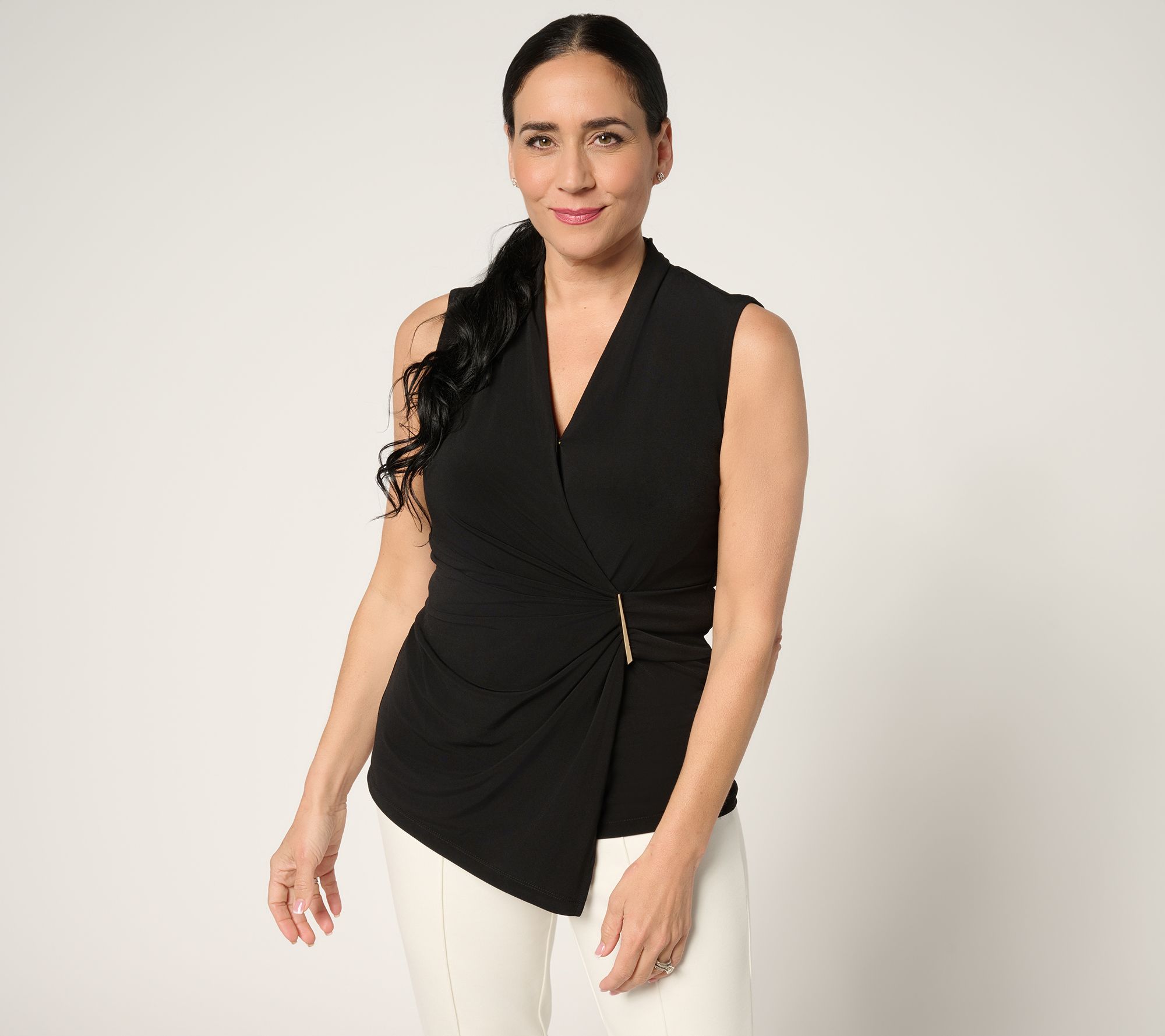 Susan Graver Liquid Knit Draped Faux Wrap Top with Hardware Detail