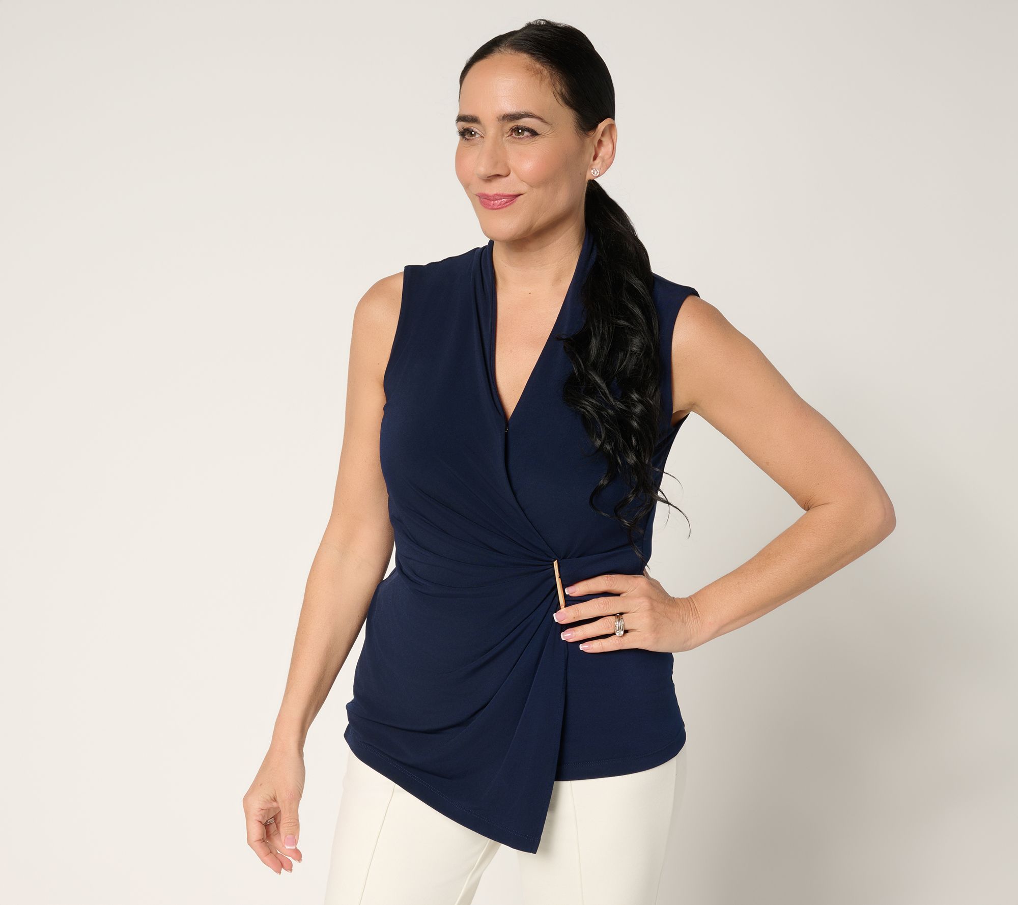 Susan Graver Liquid Knit Draped Faux Wrap Top with Hardware Detail