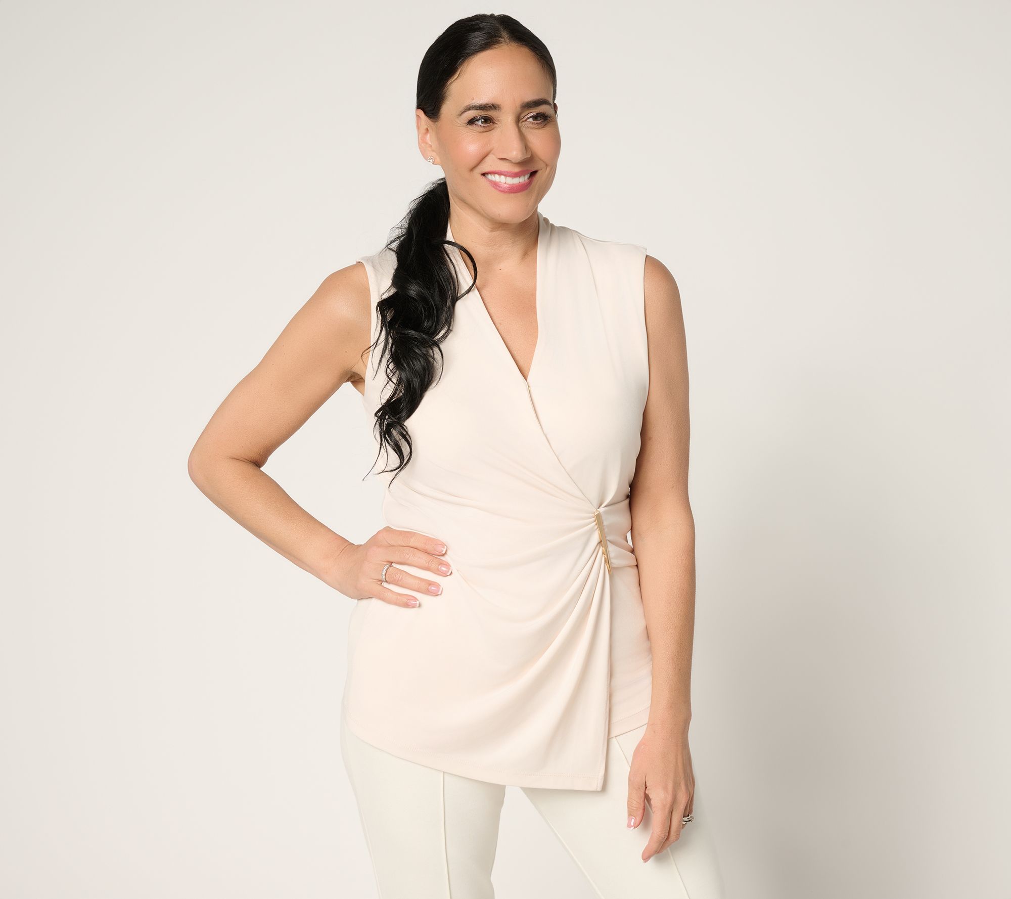 Susan Graver Liquid Knit Draped Faux Wrap Top with Hardware Detail
