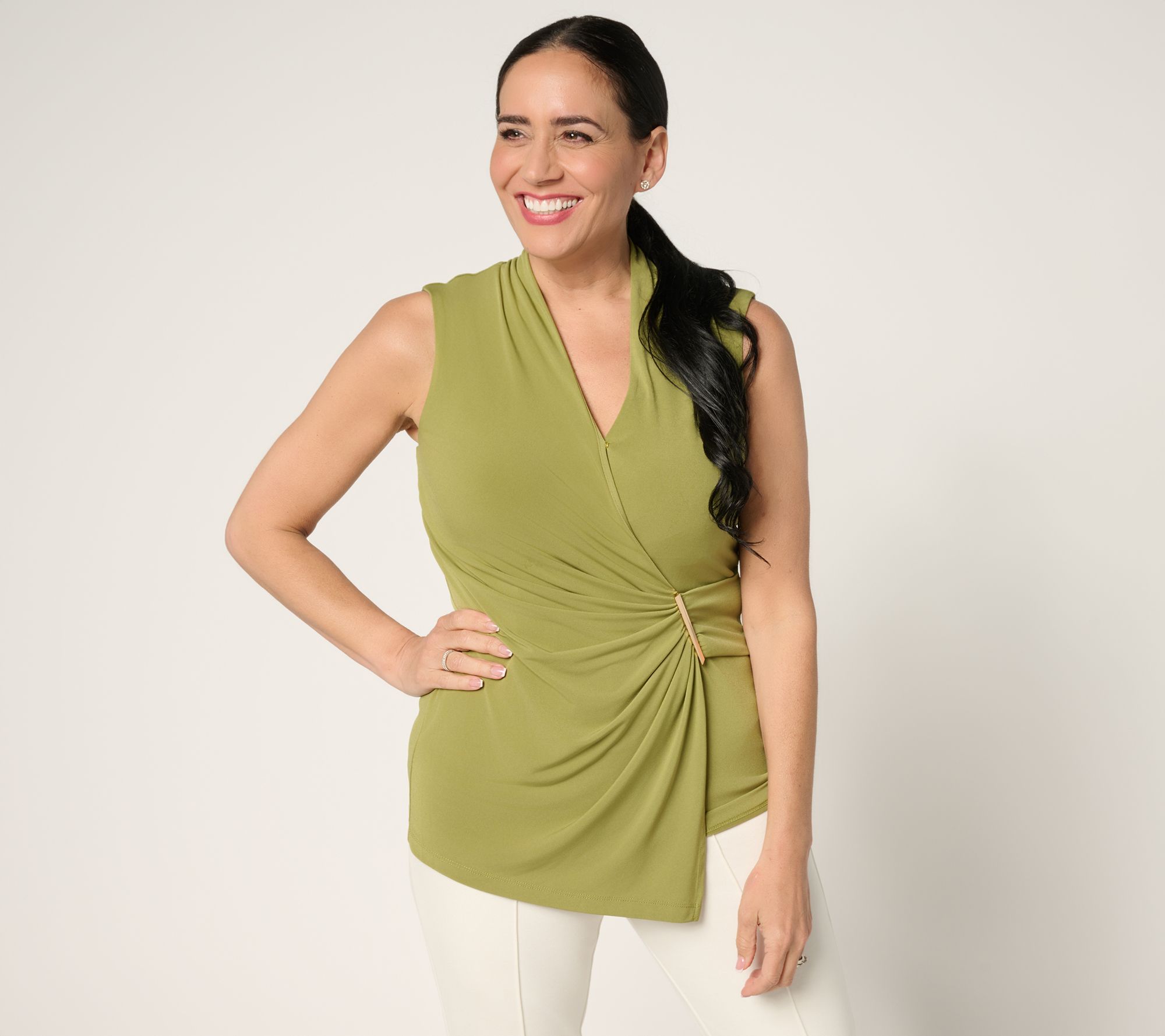 Susan Graver Liquid Knit Draped Faux Wrap Top with Hardware Detail