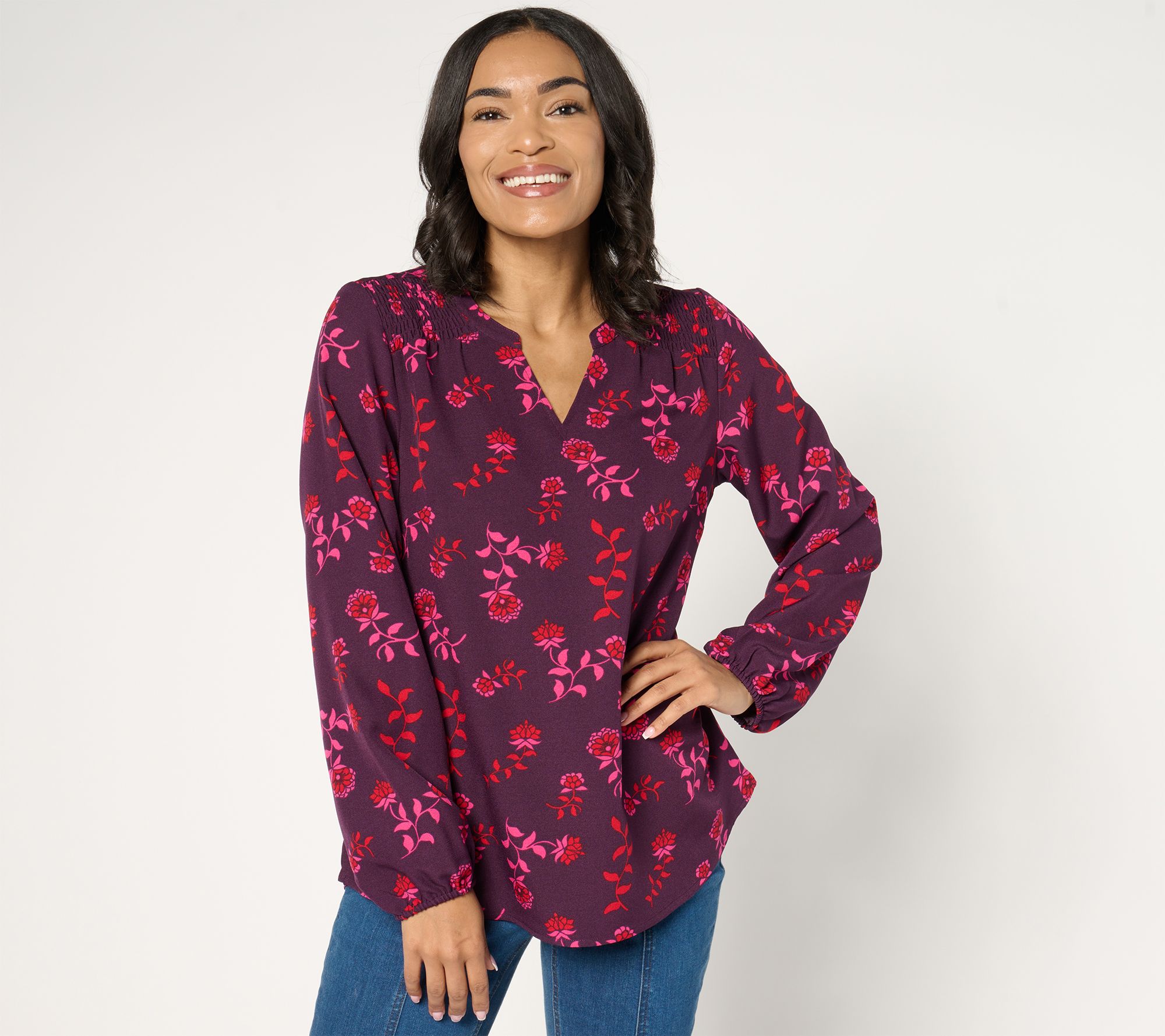 "As Is" Denim & Co. Signature Bold Print Balloon Sleeve Blouse
