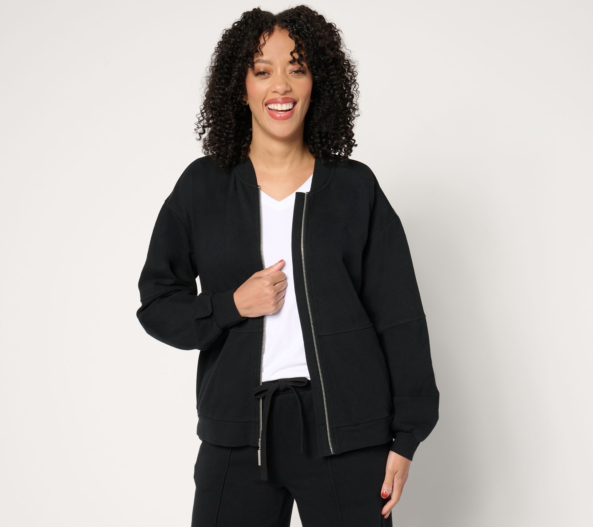 "As Is" Peace Love World French Terry Zip Front Bomber Jacket